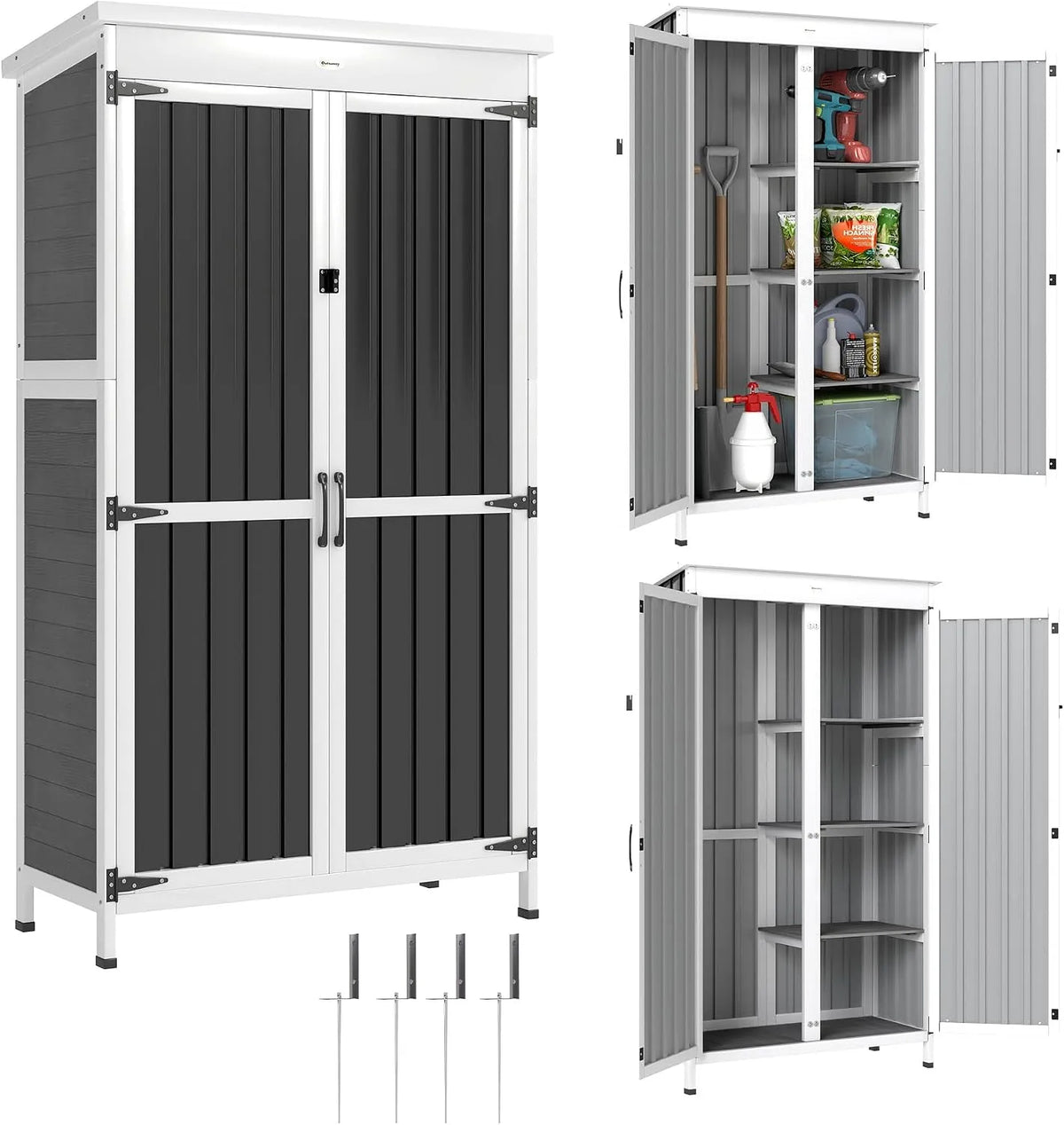 Geräteschuppen Outsunny, Maße 94 x 43 x 166 cm, Gartenschrank aus Fichtenholz und Stahl, Gartengerätehaus mit abschließbarer Tür, Asphaltdach