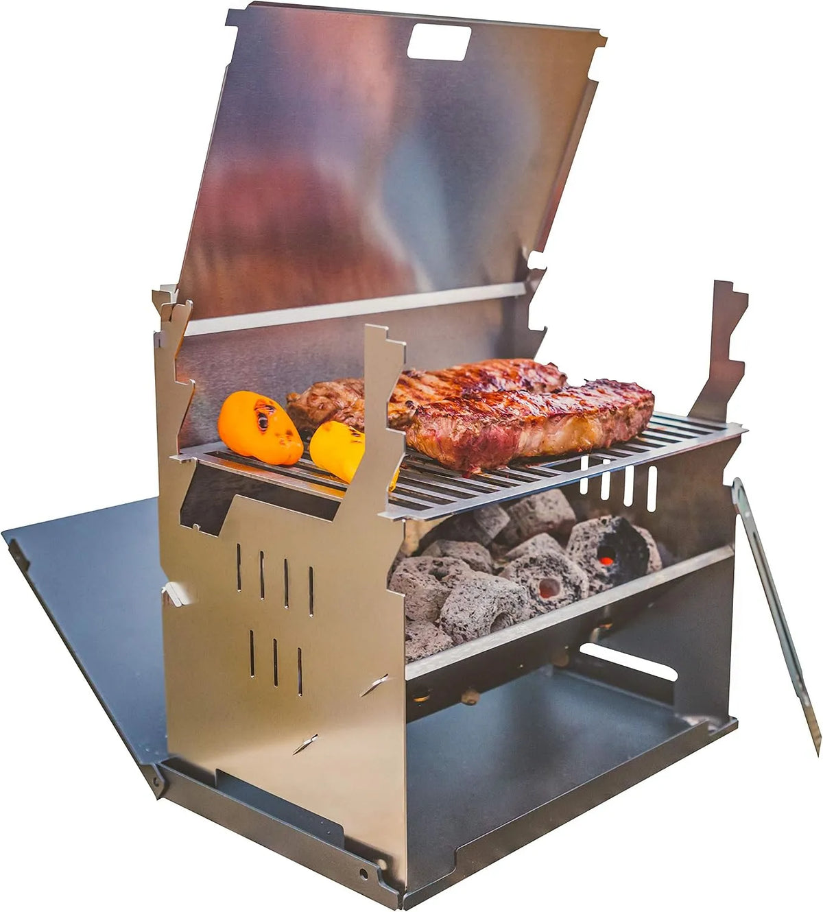 Grill FENNEK, und Zubehör, Mobiler und steckbarer Holzkohle aus Edelstahl für Camping, Trekking, Vanlife, Garten und Outdoor -Spaß, Made in Germany