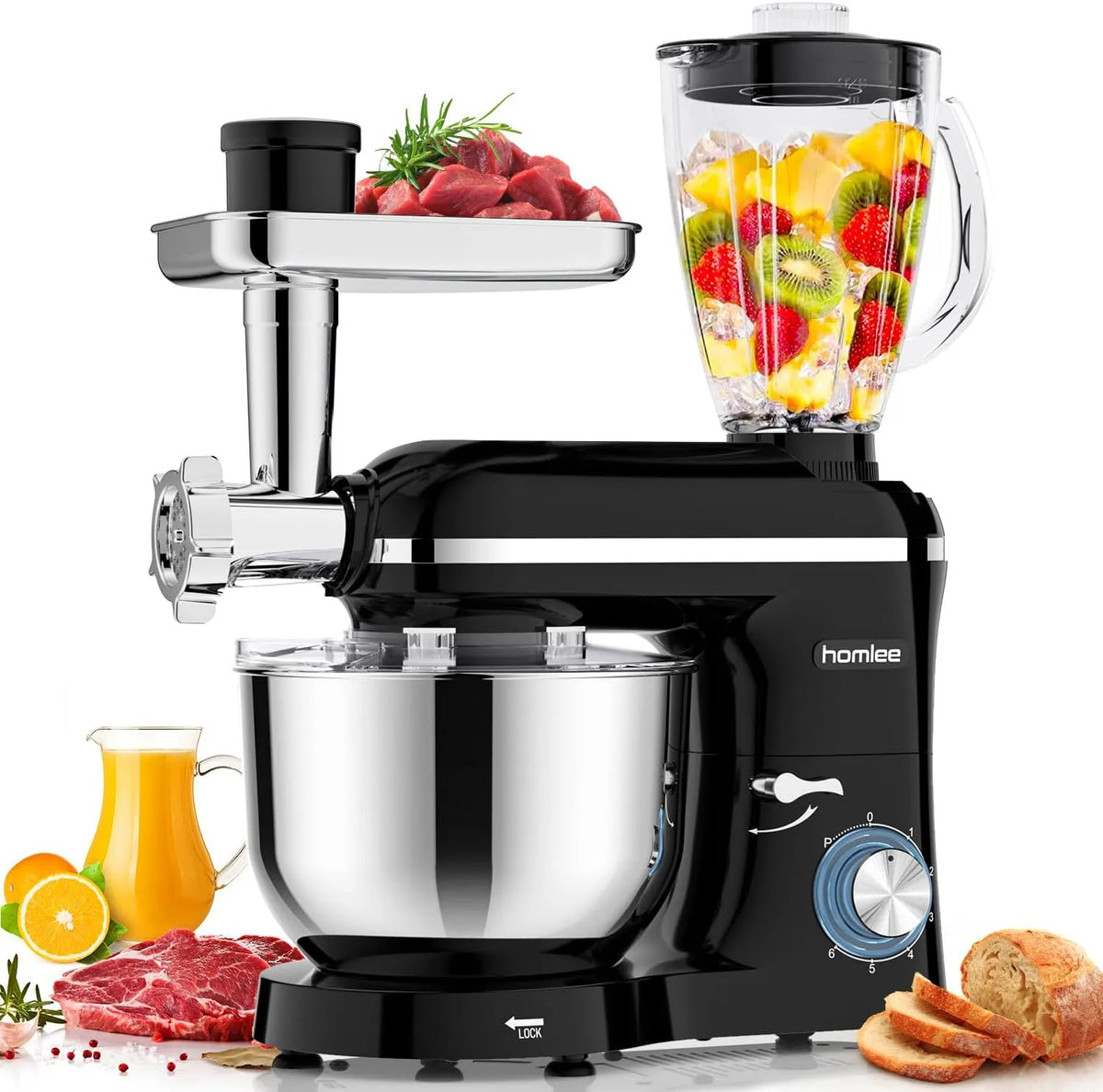 Küchenmaschine 1Universal, 3 in 2000W Multifunktionale Knetmaschine 6-stufige Gescheindigkeit Mixer, Fassungsvermögen 1.5L Saftpresse, mit Fleischwolf