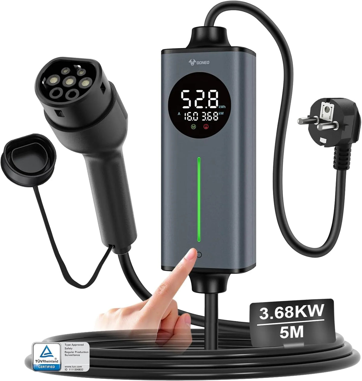 2 Ladekabel Schuko 16A GONEO Typ, Tragbares EV Ladegerät & Notladekabel 230V für Elektroauto & Plug-in Hybrid, Mit FI-Schutz AC, DC