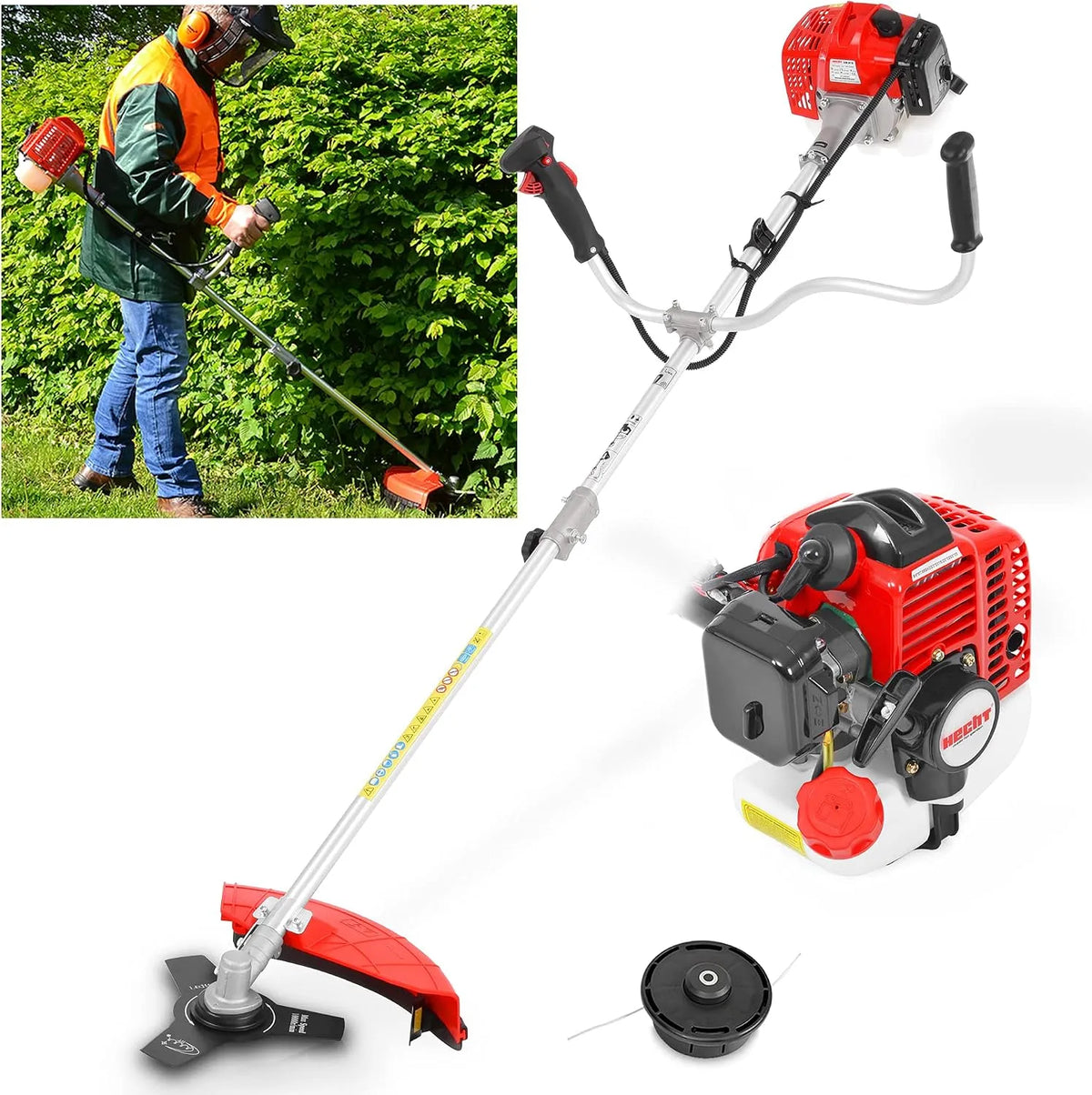 Motorsense, HECHT 2-Takt Benzin Freischneider Rasentrimmer mit Messer und Doppel Faden Spule, 43 cm und 25,5 cm Schnittkreis