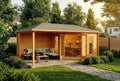 Gartenhaus, Größe: 595 x 300 cm, 5-Eck Liwa aus Holz in imprägniert Pinie mit 40mm Wandstärke und Walmdach