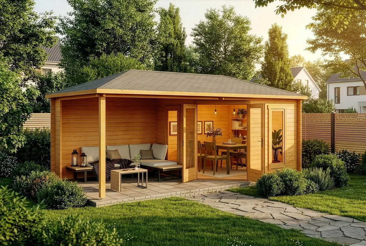 Gartenhaus, Größe: 595 x 300 cm, 5-Eck Liwa aus Holz in imprägniert Pinie mit 40mm Wandstärke und Walmdach