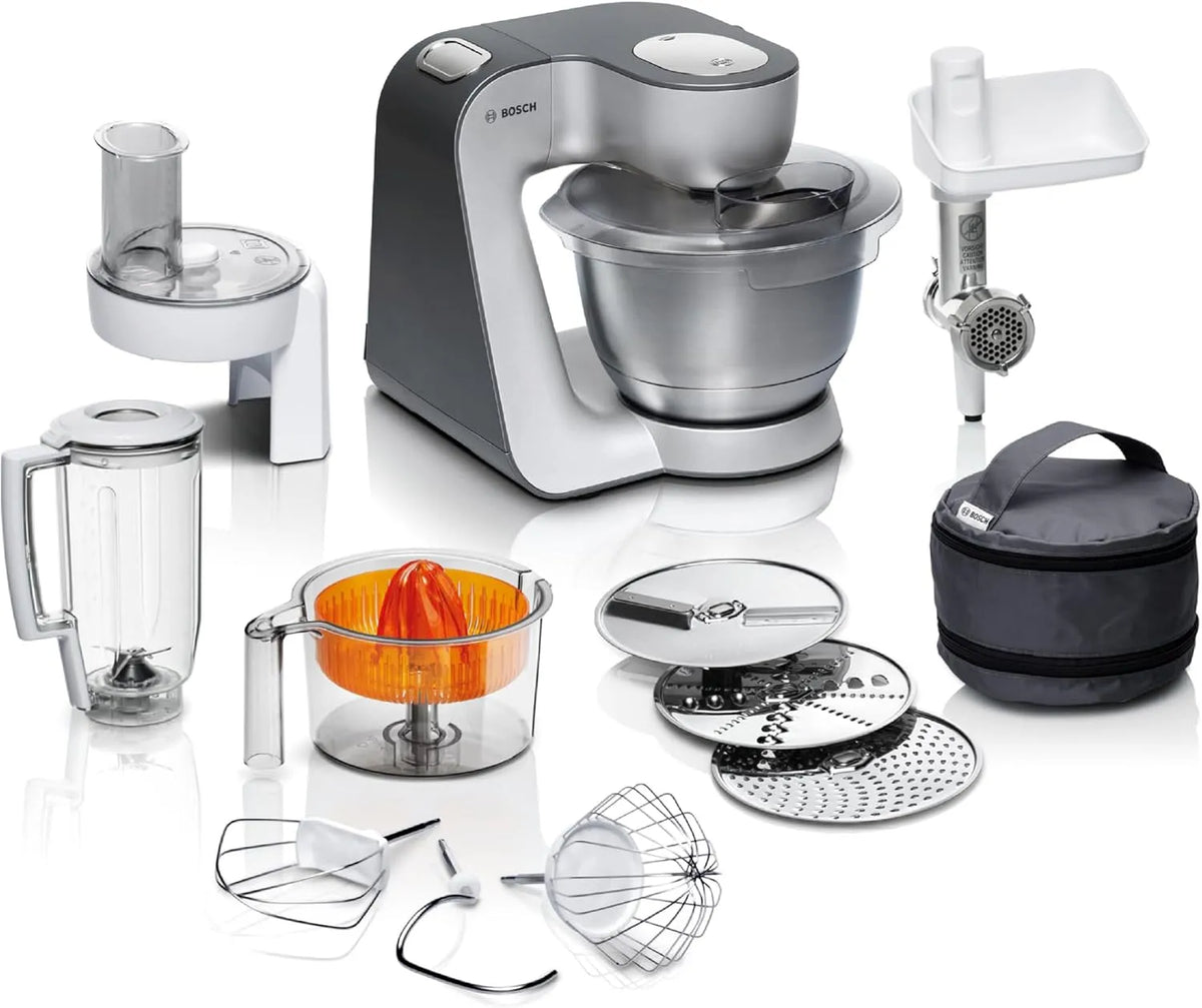 Bosch Küchenmaschine MUM56340, Serie 4, Schüssel 3,9 L spülmaschinenfest, Mixer 1,25 L, Leistung 900 W, 3 Scheiben, Fleischwolf, Zitruspresse, Silber