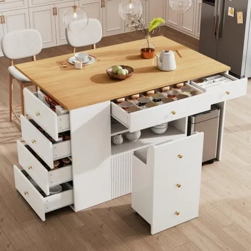 Sitzgelegenheit Kücheninsel mit, 140×40, 70, ×89cm, Klappbares Arbeitsplatte aus Eichenholz, Weiß, Küchenschrank mit 6 Schubladen