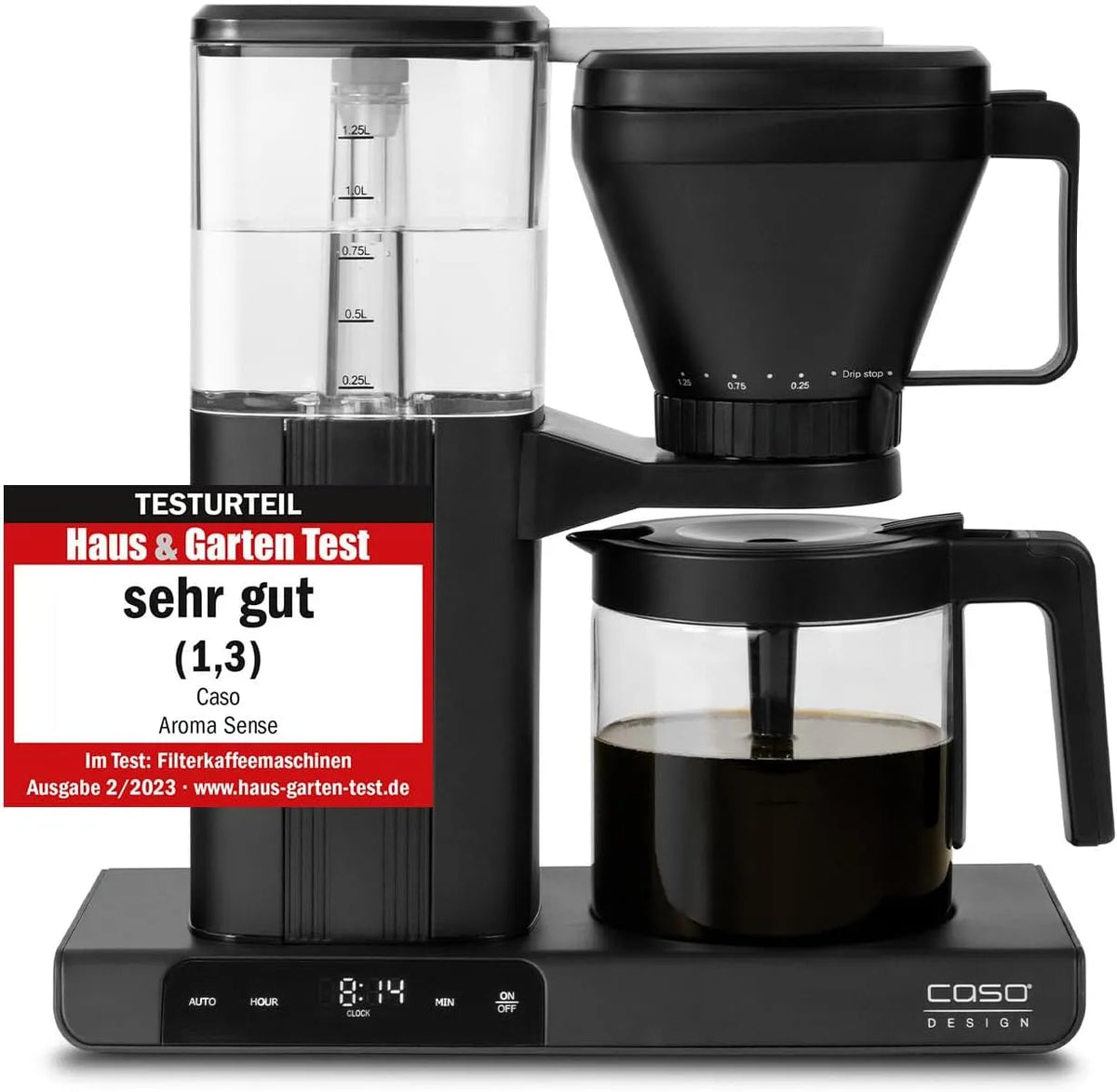 Caso Kaffeemaschine, 96 °C, Design, Aromastab in der Kaffeekanne, in Schwarz, ideale Brühtemperatur von 92, Aroma Sense, Testurteil Sehr Gut