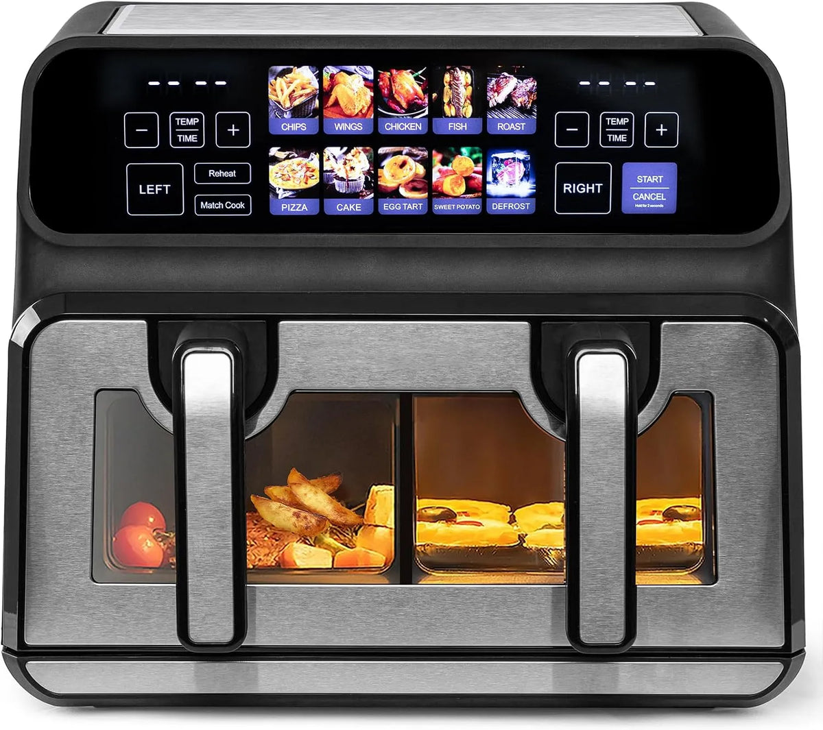 Heißluftfritteuse 9L-802TS Dual Zone, XXL Doppelkammer 2200W mit Trennwand, 8 Betriebsprogramme, 10-in-1 mit 2 Körben, LED Touch Display