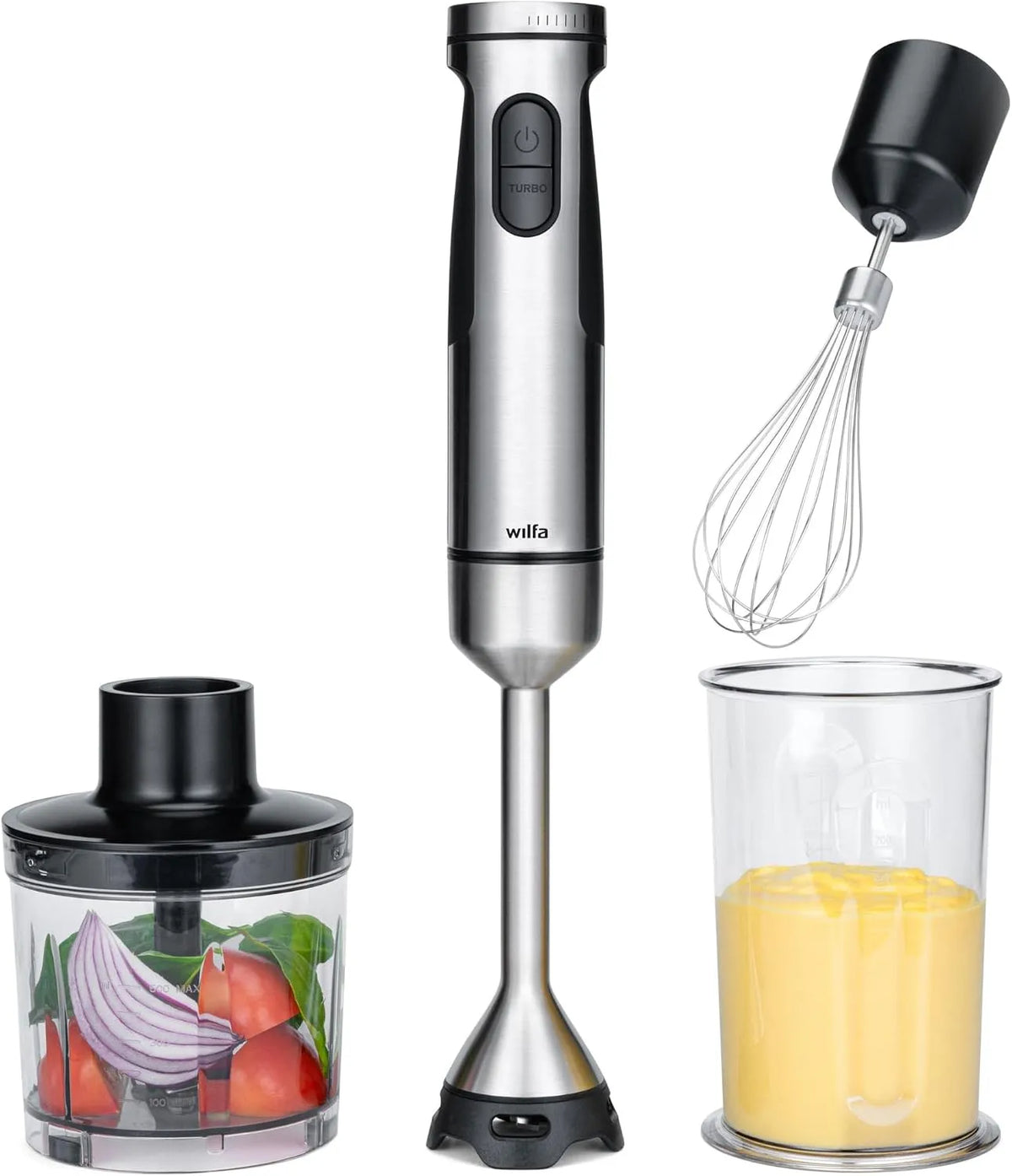 Modell Wilfa Stabmixer FUSION 1500 3in1 2-Tasten-Bedienung Wilfa FUSION, Schneebesen und Zerkleinerer, Pfannen oder Schalen, Leistung 1.500W