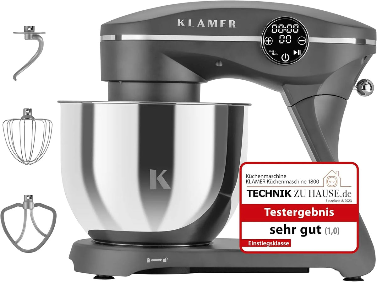 Küchenmaschine KLAMER, Knetmaschine Brotteig mit Edelstahl-Rührschüssel 6 L, Planetenrührwerk, Knethaken, Farbe Grau, Leistung 1800W, Rührbesen