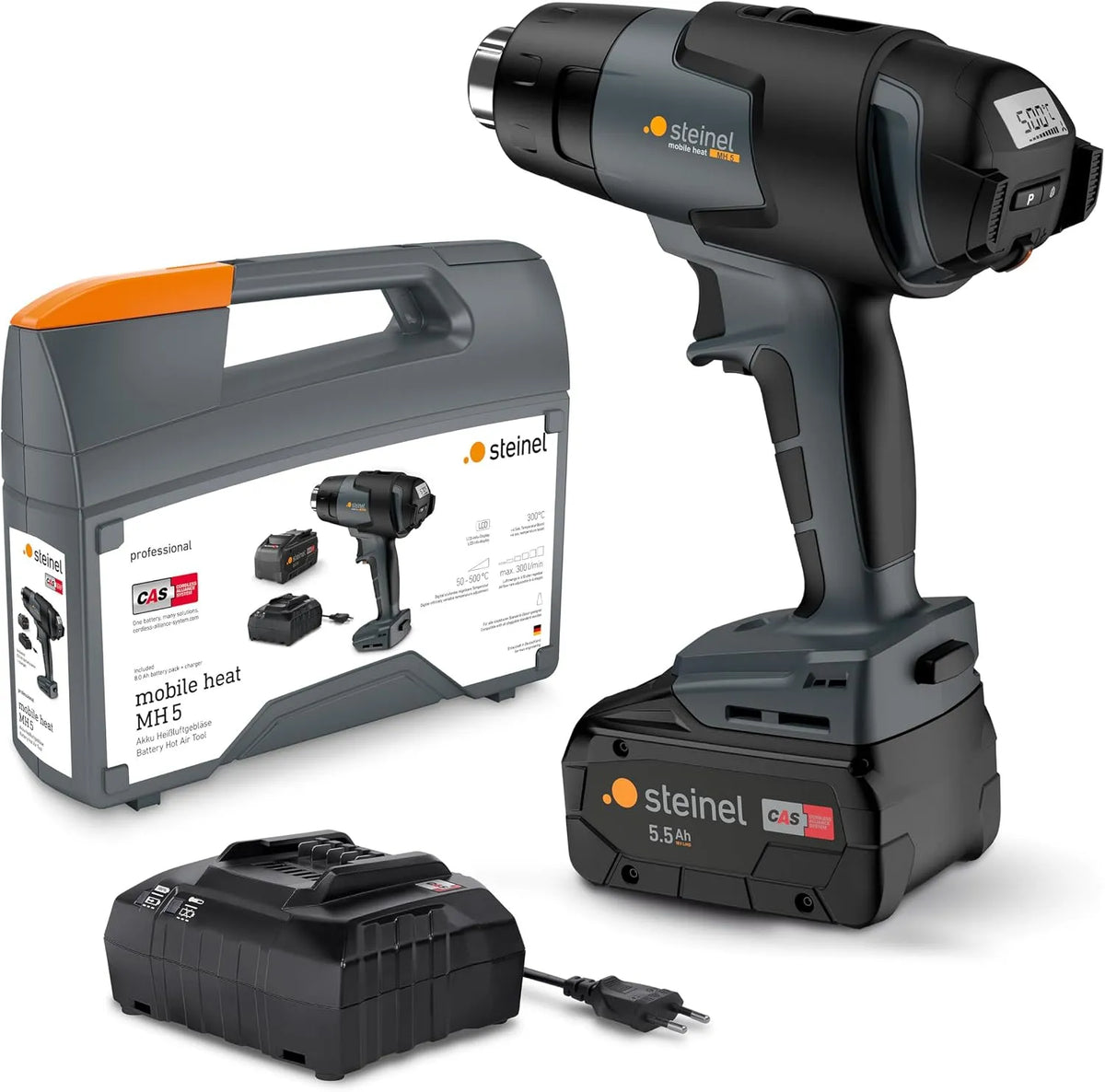 Metabo Modell MH5 CAS 18 V, Steinel Akku Heißluftpistole MobileHeat, inklusive. 5.5 Ah Akku, 300 l/min, 4 Sek. Aufheizzeit, 50-500 °C