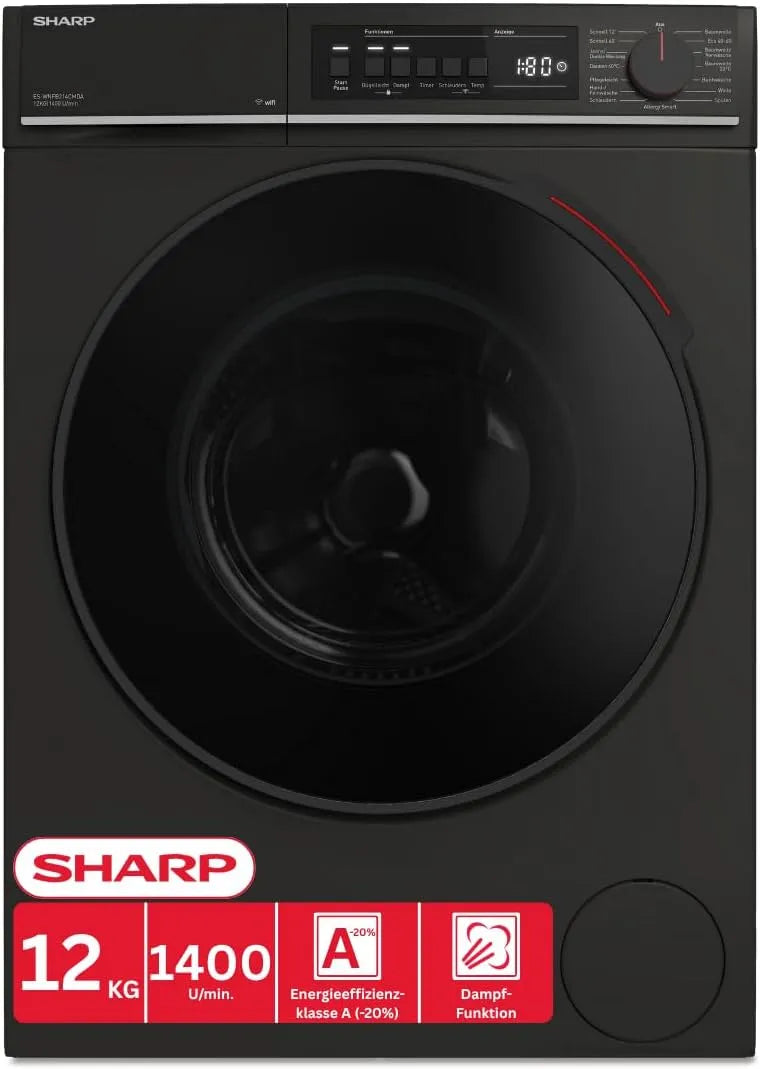 Sharp Waschmaschine ES-WNFB214CMDA-DE 1400, Energieklasse A, Dampf-Funktion, AquaStop, Schnellwaschgang, Gewicht 12 kg, Inverter-Motor, min