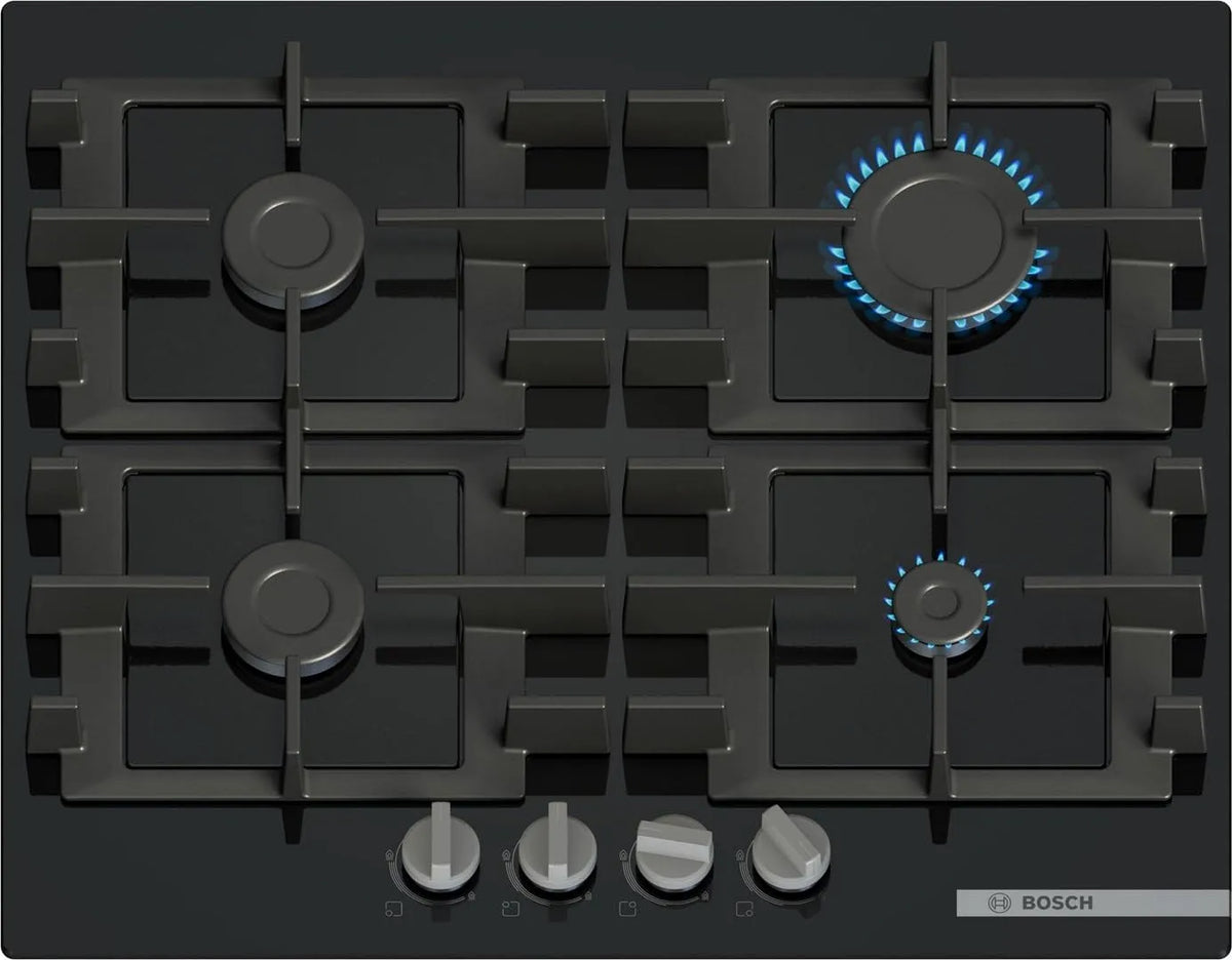Bosch Grill PNP6B6K40, Serie 4 Gasherd, Breite 60 cm, Serie 6, in Schwarz Glas, gehärtetes Glas, Grillroste aus Gusseisen spülmaschinenfest