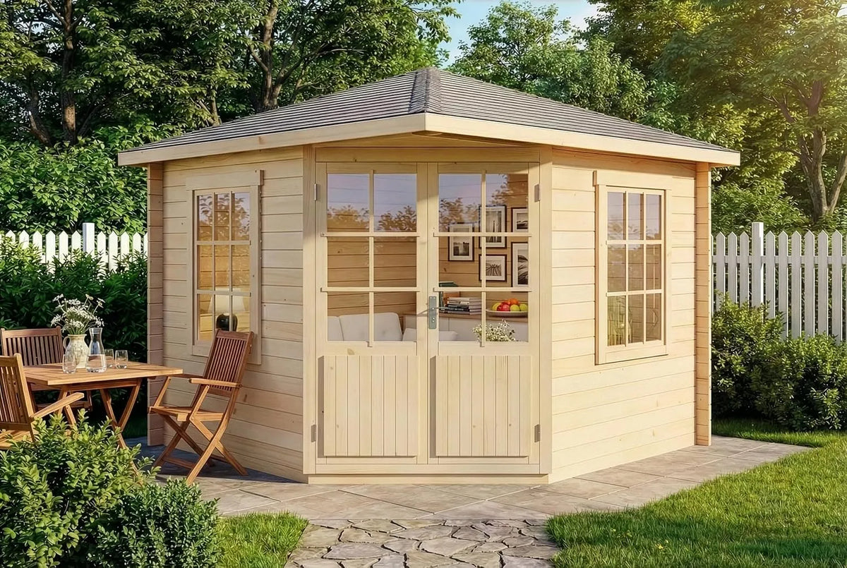 Gartenhaus, 5-Eck Monica aus Massiv-Holz, Gerätehaus mit 28 mm Wandstärke, Geräteschuppen Größe: 300 x 300 cm, Spitzdach
