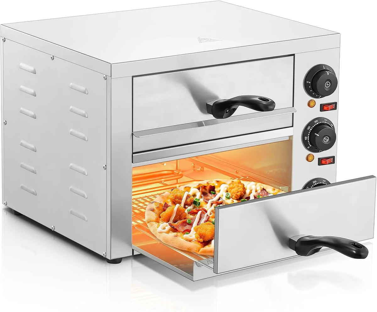 Backofen 15-Minuten-Timer, Professional Doppel Pizzaofen 3000W, 12 Zoll Kommerzieller Pizzabackofen Elektrisch Edelstahl mit 350℃ für Pizza