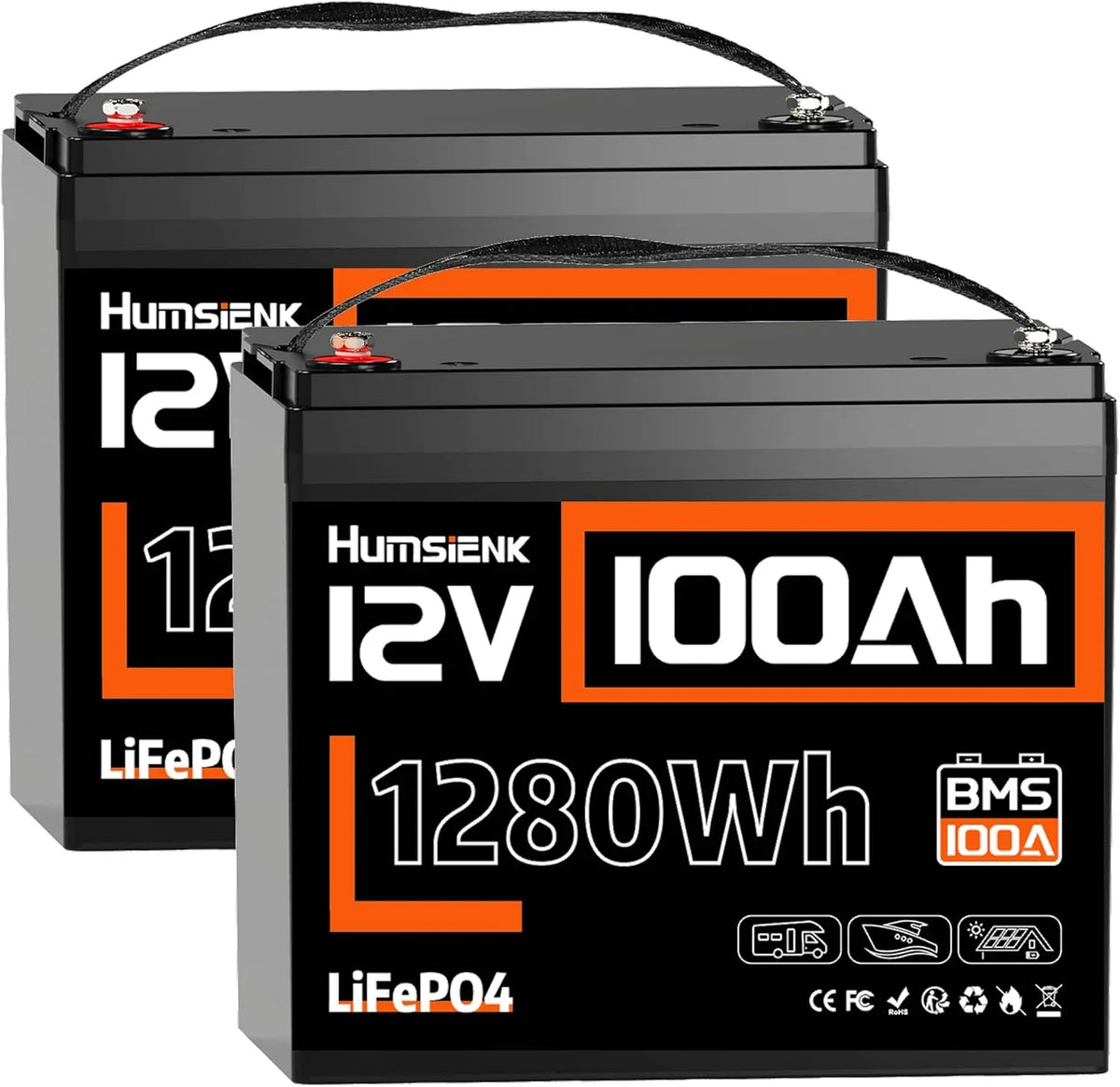 Humesienk 2 Stücke 12V 100Ah Batterie LiFePO4, bis zu 15.000 Zyklen, 3840Wh Lithium Solarbatterien mit 100A BMS & Tieftemperaturschutz, Camper