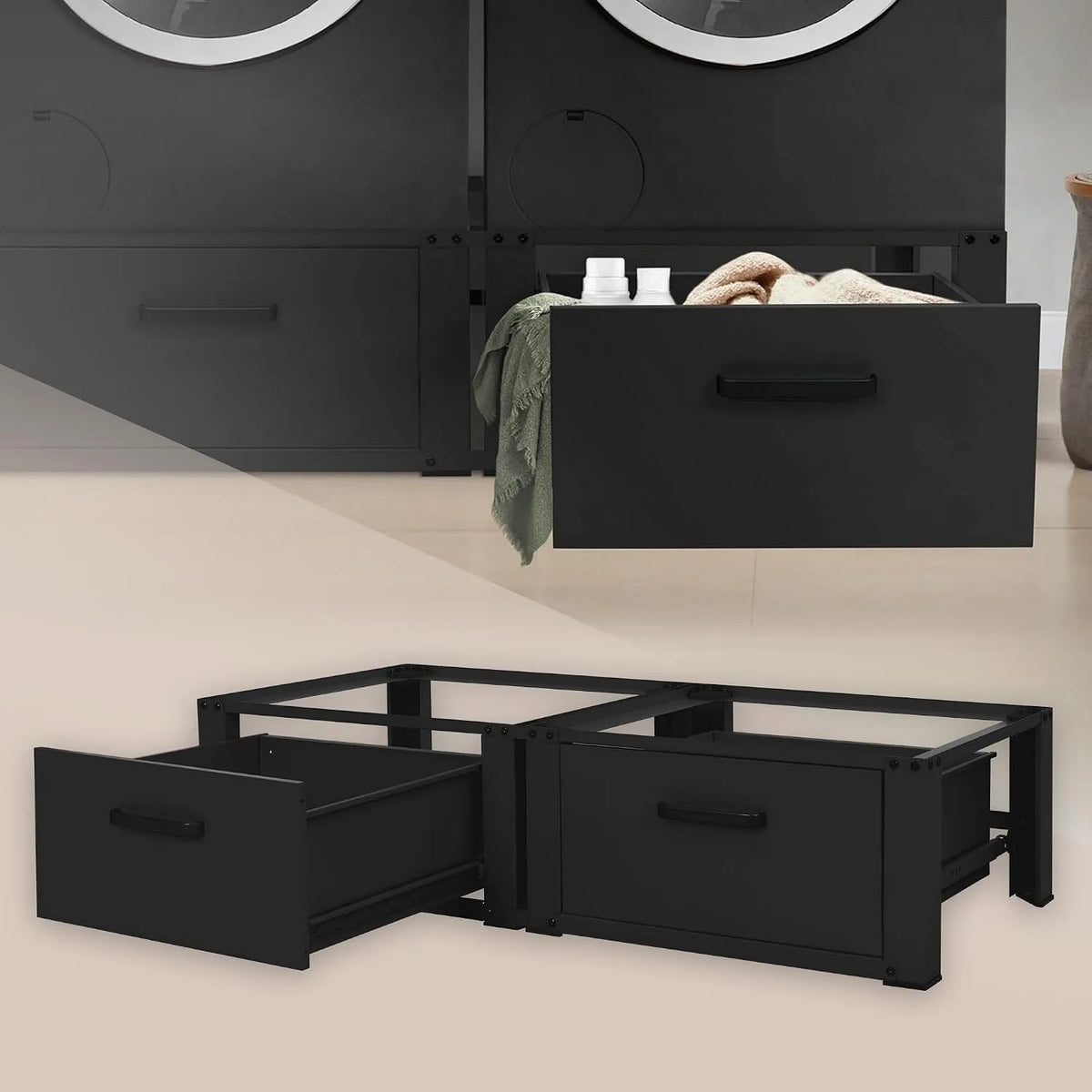 Waschmaschine 2x150kg, ML-Design Doppel Waschmaschinen Untergestell mit 2 Schubladen, Maße 128x53,5x31,5 cm, Stahl, in Schwarz
