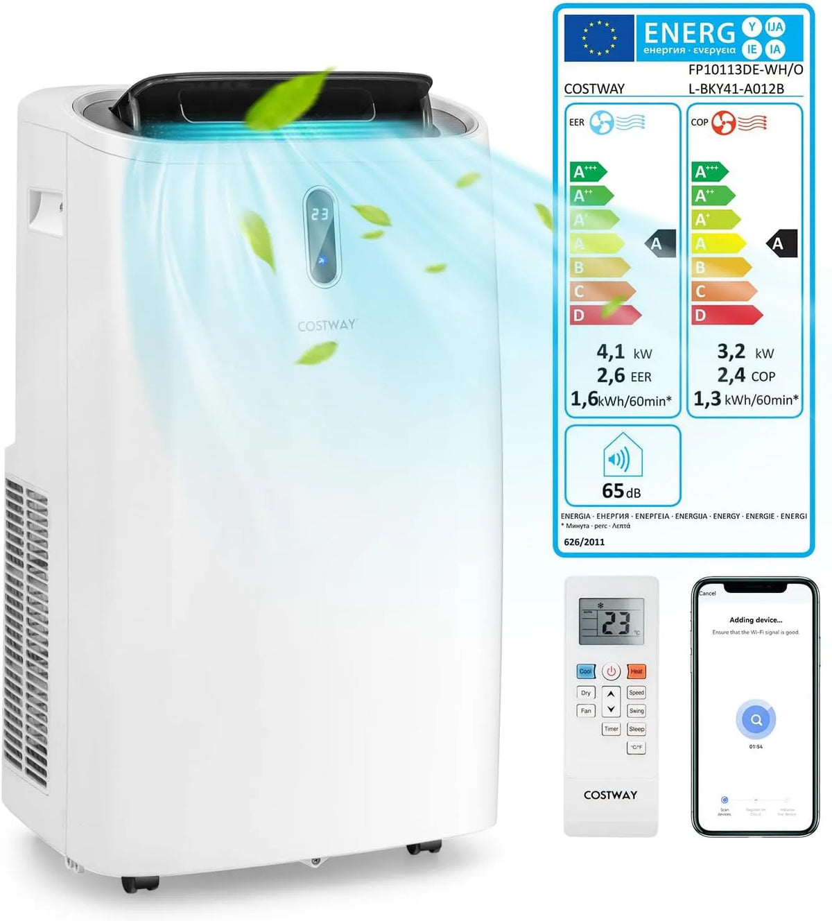 Costway Klimaanlage 24H, 5 in 1 Kühlen, Leistung 4100W, Klimagerät mit Abluftschlauch, Belüften, Fernbedienung, Timer, mobil 14000BTU, ≤57dB