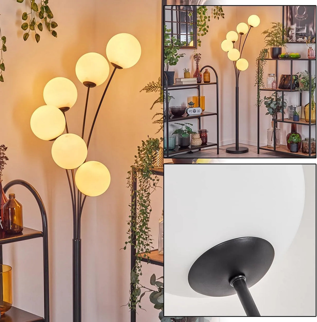 Modell Gastor E14 HOFSTEIN Stehleuchte, Ø 15 cm, Breite 168 cm, Stehlampe aus Metall, Weiß, Leuchte im Retro, Vintage-Design mit Glasschirmen