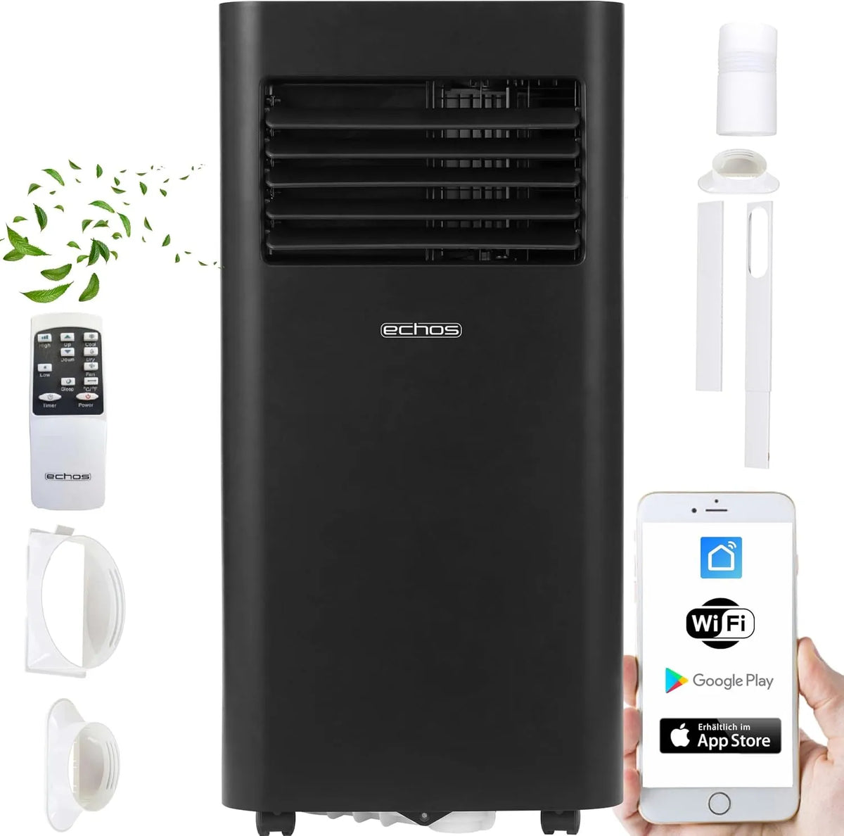 Klimaanlage Echos, Fernbedienung & 24 h Timer, Wi Fi & Fensterabdichtung, WLAN Steuerung, Luftentfeuchter & Ventilator, Mobile 9000 BTU, App