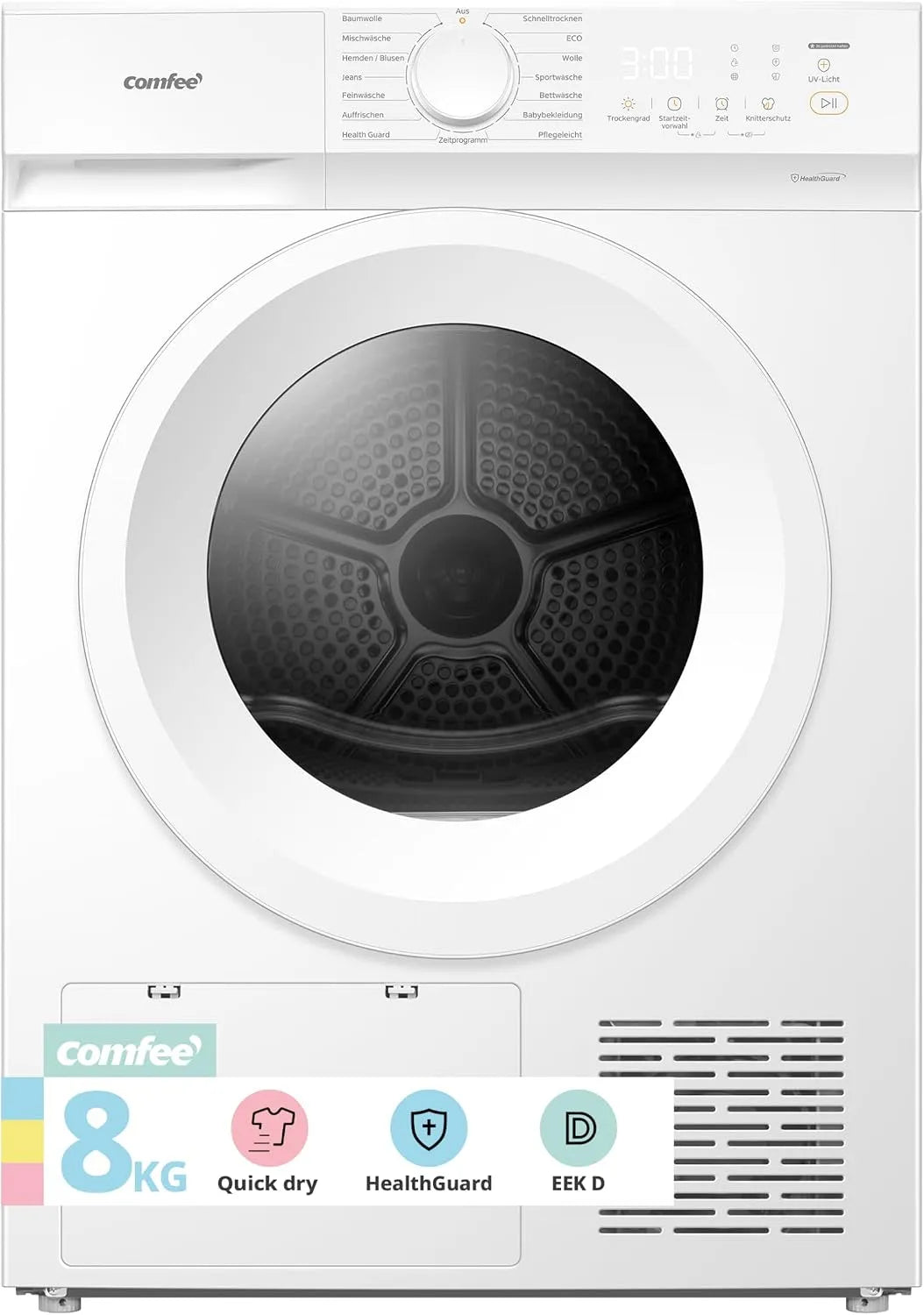 Comfee Wärmepumpentrockner CD08EHP05W, Energieklasse D mit Wärmepumpentechnologie, Auffrischen, Schnelltrocknen, Gewicht 8kg, LED-Display, Weiß