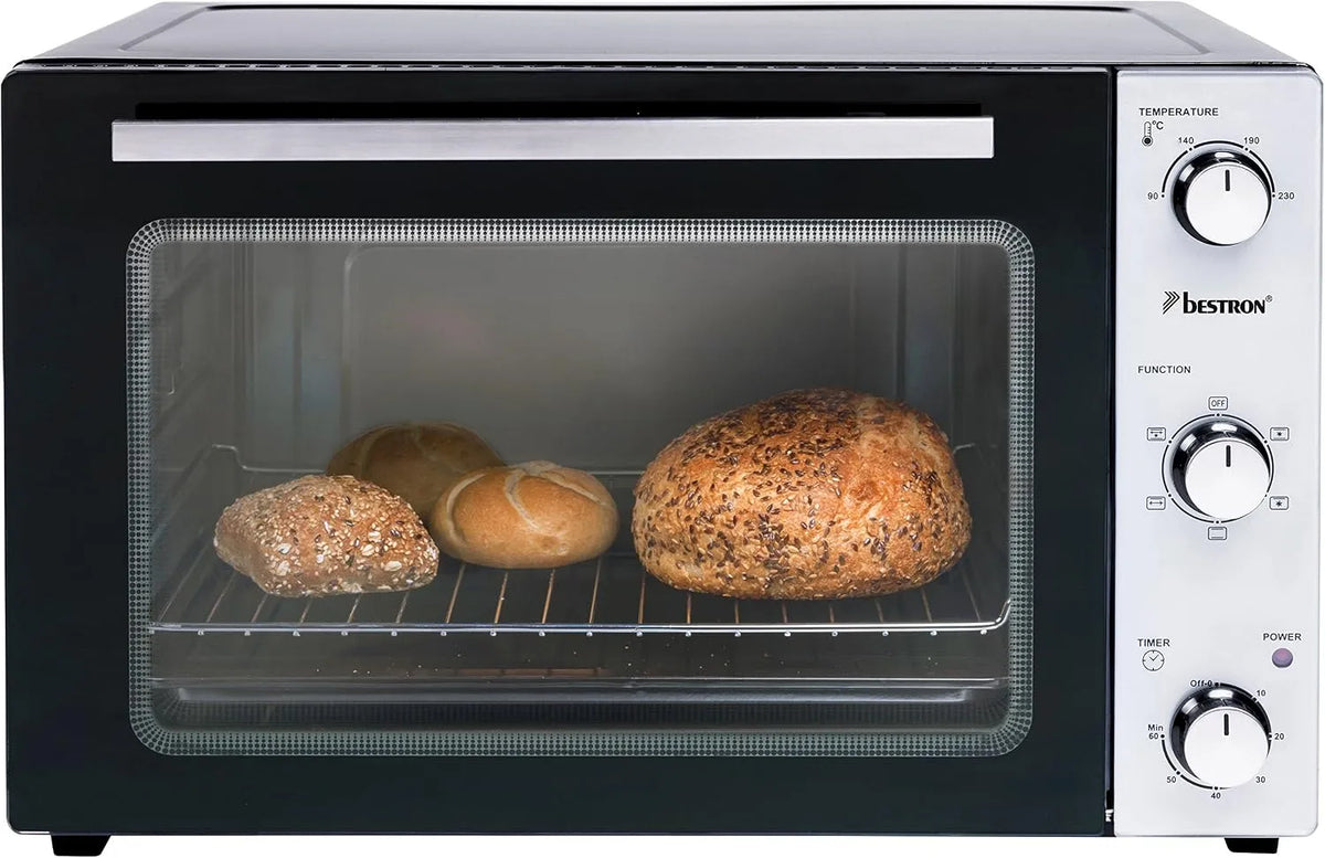 Backofen AOV55, Fassungsvermögen 55 Liter, Bestron 2-in-1 Mini mit Drehspieß, Leistung 2000 W, in Schwarz, Edelstahl