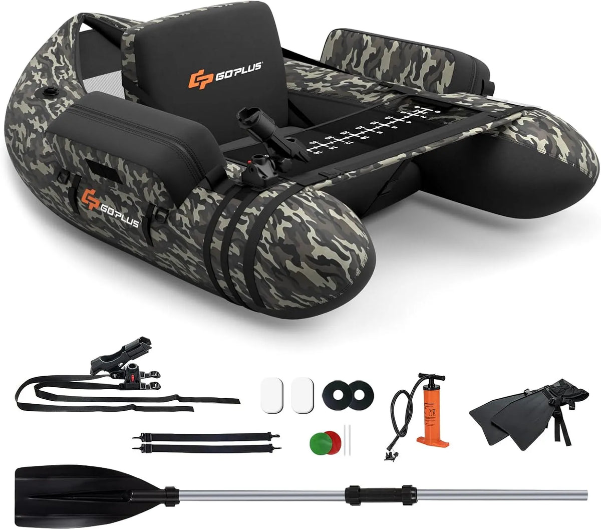Goplus Pumpe, Belly Boat bis 150 kg belastbar, Maße 135 x 109 x 54 cm, Rutenhalter & 2 Schultergurten, Bellyboot, Flossen, Fischlineal