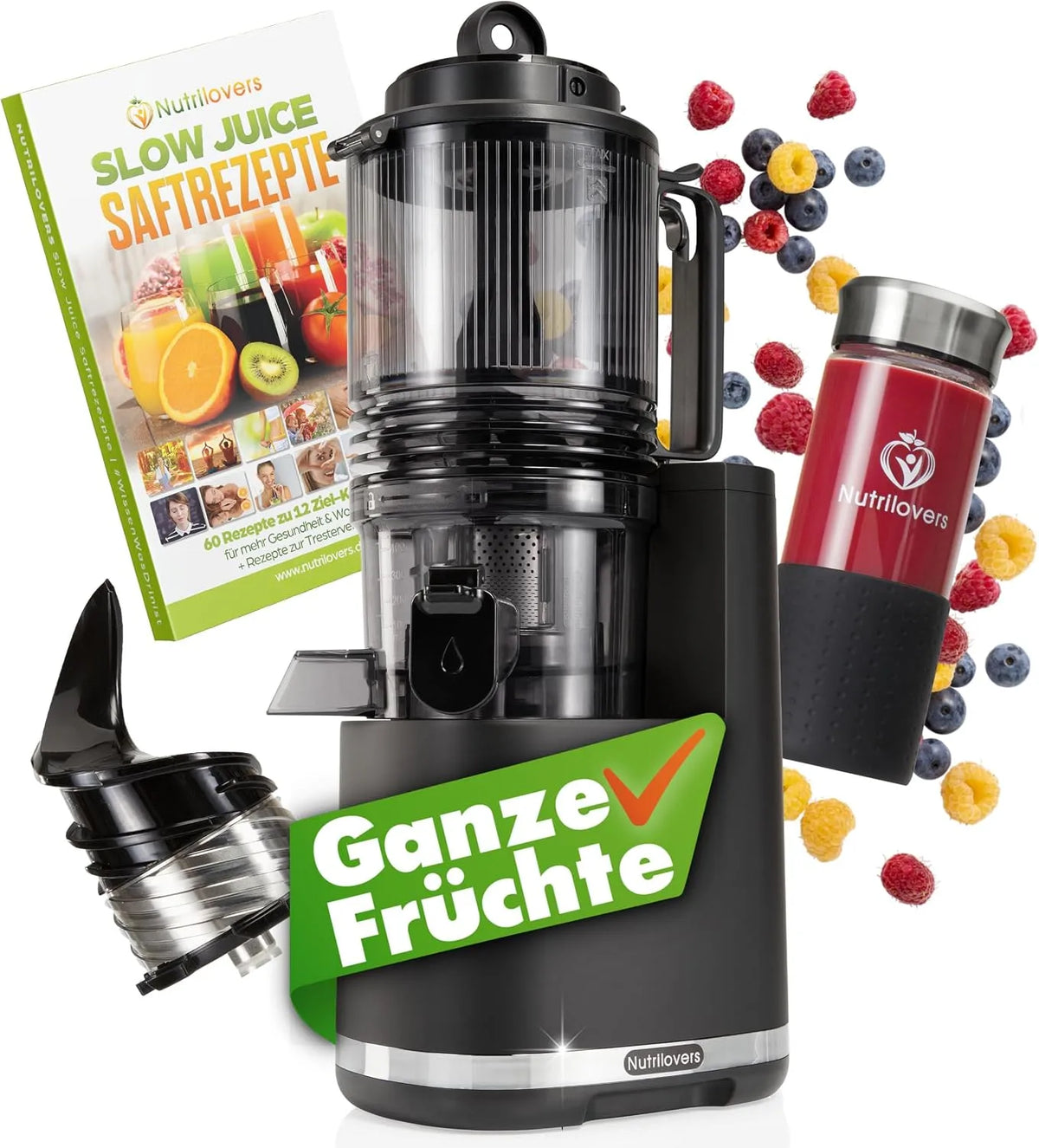 Entsafter, Nutrilovers Slow Juicer NUTRI-PRESS MAX Ganze Früchte entsaften mit XXL 150 mm Öffnung, BPA-frei inklusive. Saft-Flasche