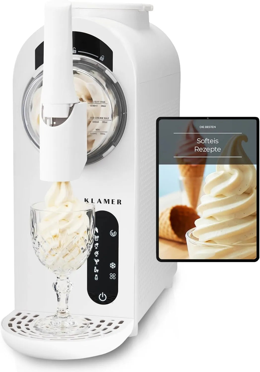 Eismaschine KLAMER Softeismaschine, Fassungsvermögen 1,5L Fassungsvolumen Automatische Reinigung, Frappé uvm, mit digitalem Rezeptbuch, Slushie