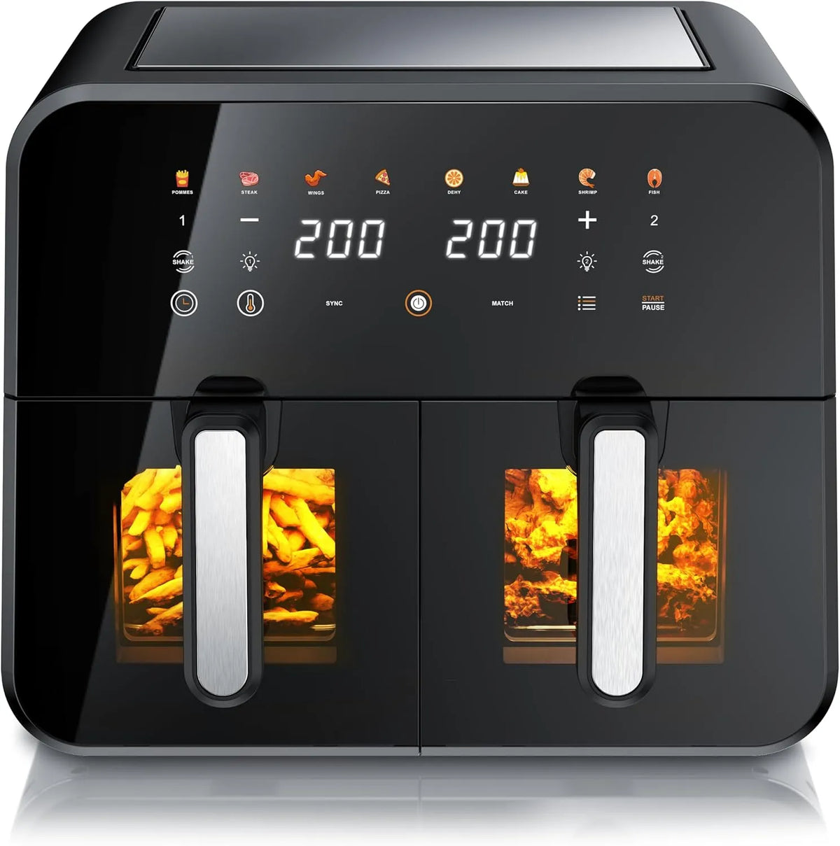 Heißluftfritteuse Arendo - XXL, Backofen Umluft, XXL 11 Liter, 2 Kammern mit Fenster, Fritteuse ohne Öl, extra Groß Dual Zone, Grill, Dörrautomat