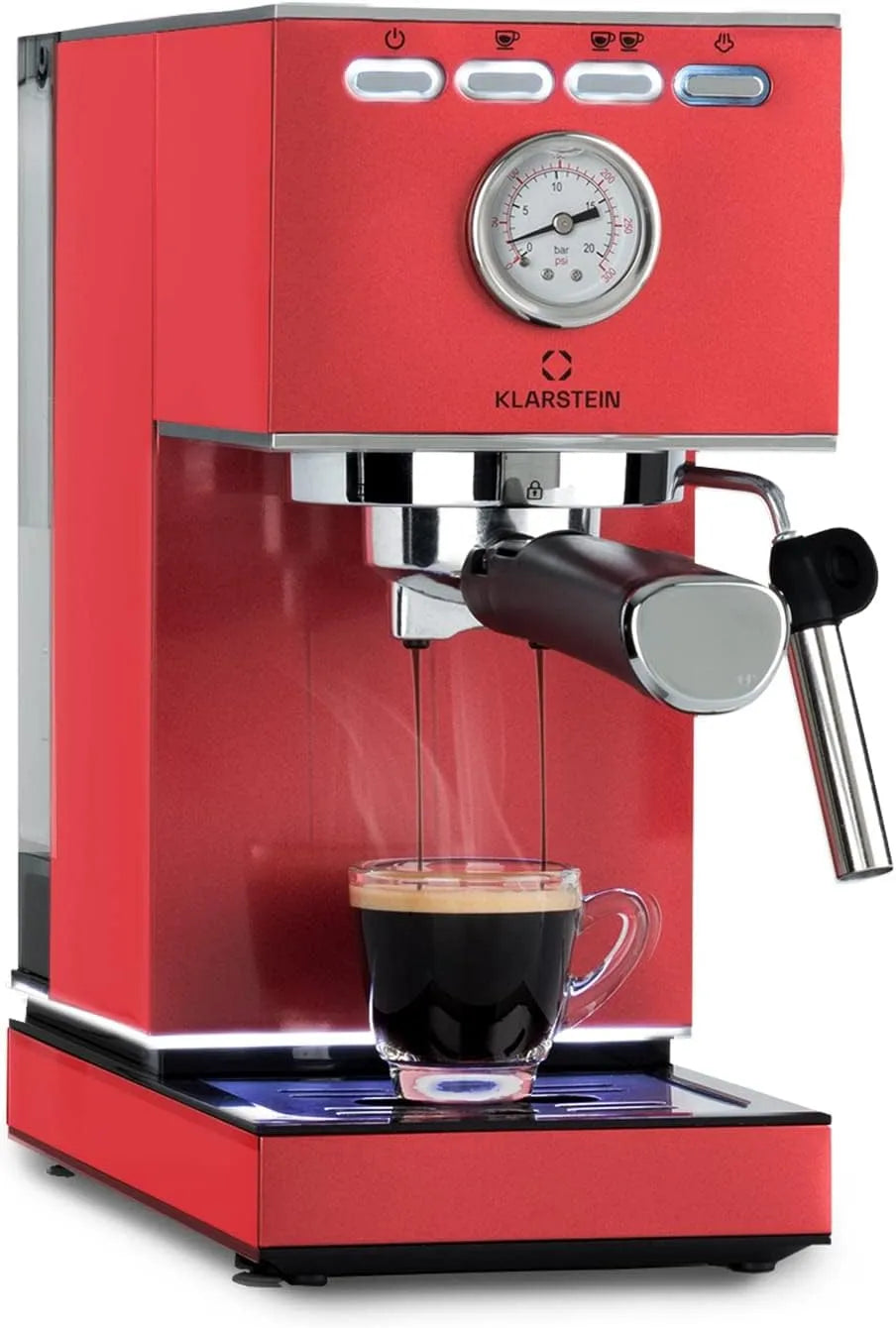 Klarstein Espressomaschine, Espresso Siebträger mit Wassertank: 1,4 Liter Edelstahl, 20 Bar Druck, Siebträger mit 1350 Watt, rot, Pausa Espressomaker