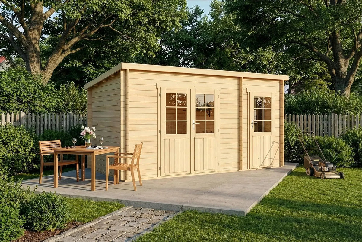 Gartenhaus, 28 mm Wandstärke mit 2 Räumen 450 x 250cm Pultdach, Maria aus Holz in Naturbelassen