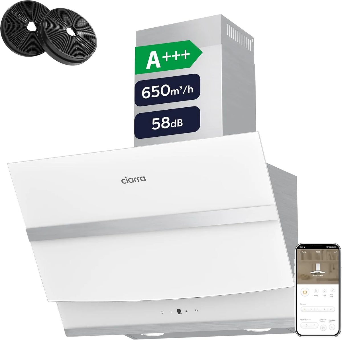 CIARRA Dunstabzugshaube ASW6736N CBCF003, A+++ 60 cm Umluft Abluft 650 m³/h App Gesteuert Touch-Bedienung Kopffreie Schräghaube