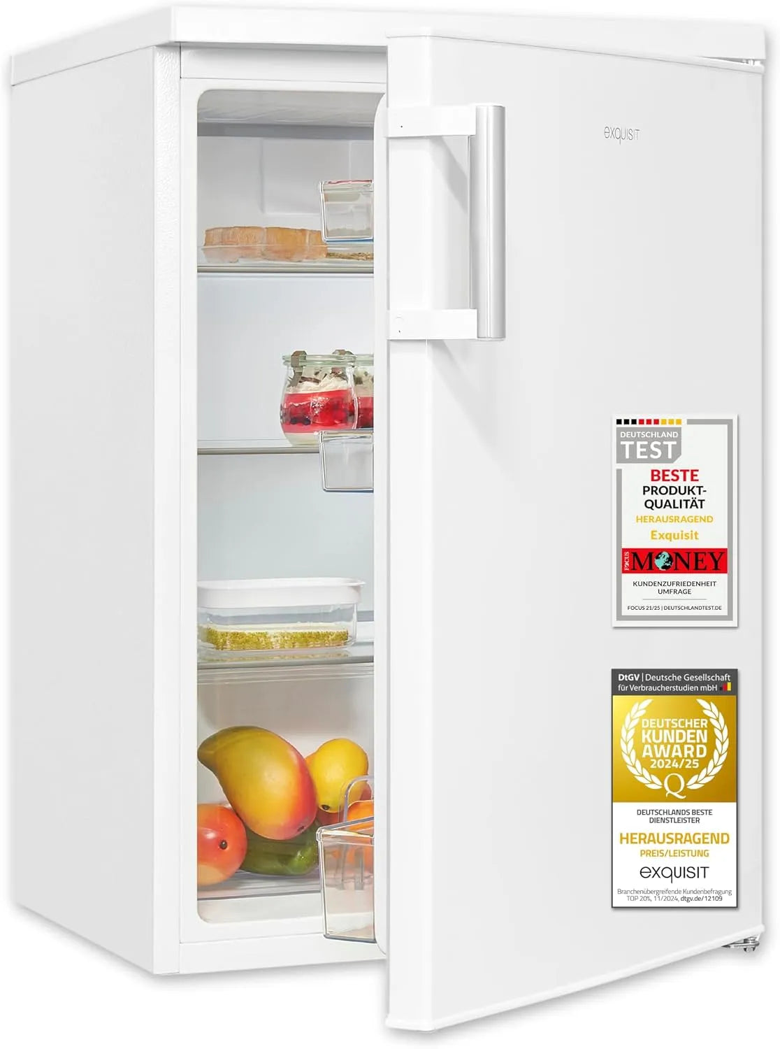 Exquisit Kühlschrank KS516-V-H-010E, 40 dB, Energieklasse E, LED-Innenbeleuchtung, Flaschenfach, weiss, Fassungsvermögen 133 l Nutzinhalt