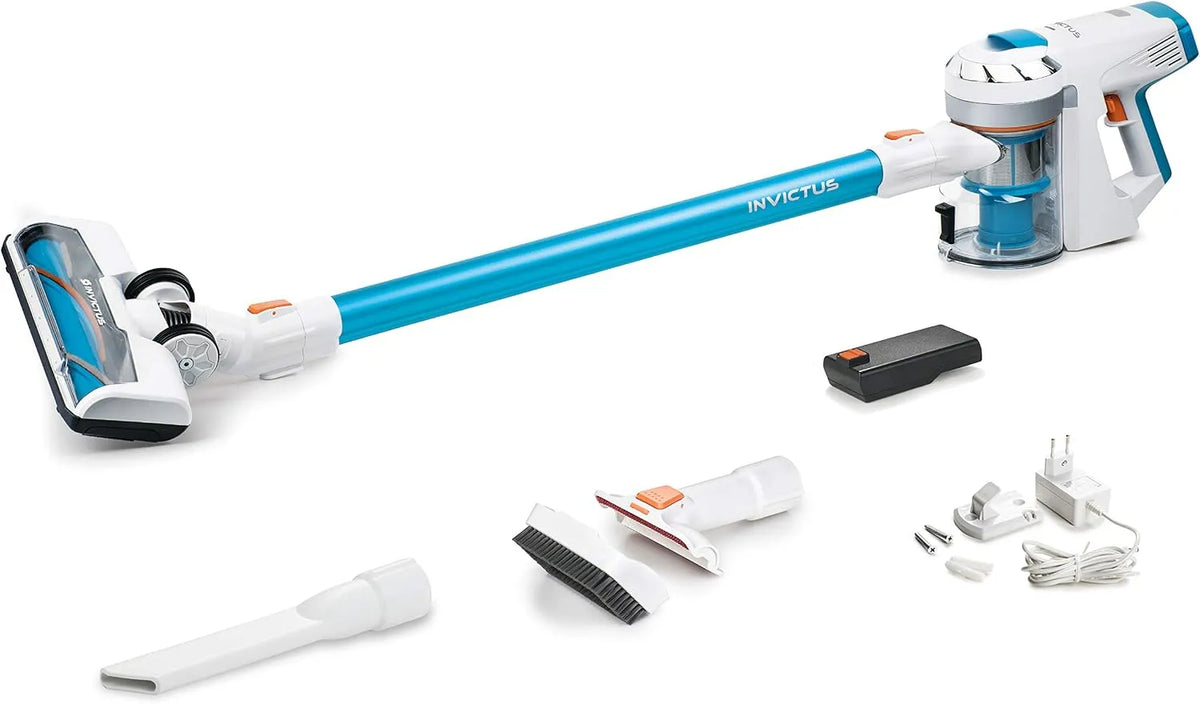 Akku-Staubsauger 2in1, Beutelloser und kabelloser Staubsauger, Genius Invictus X7, 13 Teile, 30 min, Lithium-Ionen Akku, Weiß, Blau