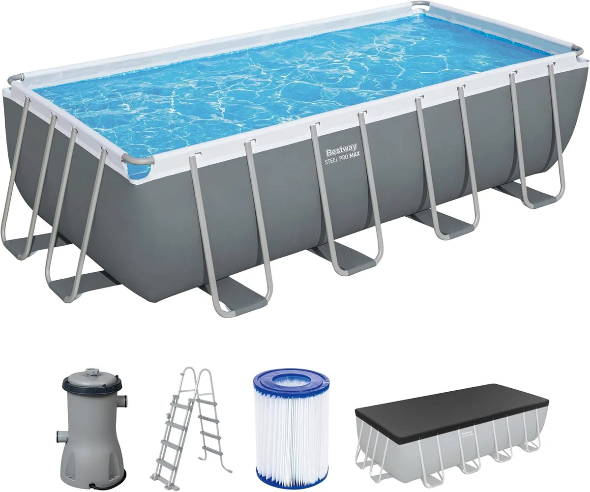 Bestway Pool, Steel Pro MAX Frame Komplett-Set, Maße 488 x 244 x 122 cm, Filterpumpe 3.028 l/h, Fassungsvermögen 11.532 Liter, Sicherheitsleiter