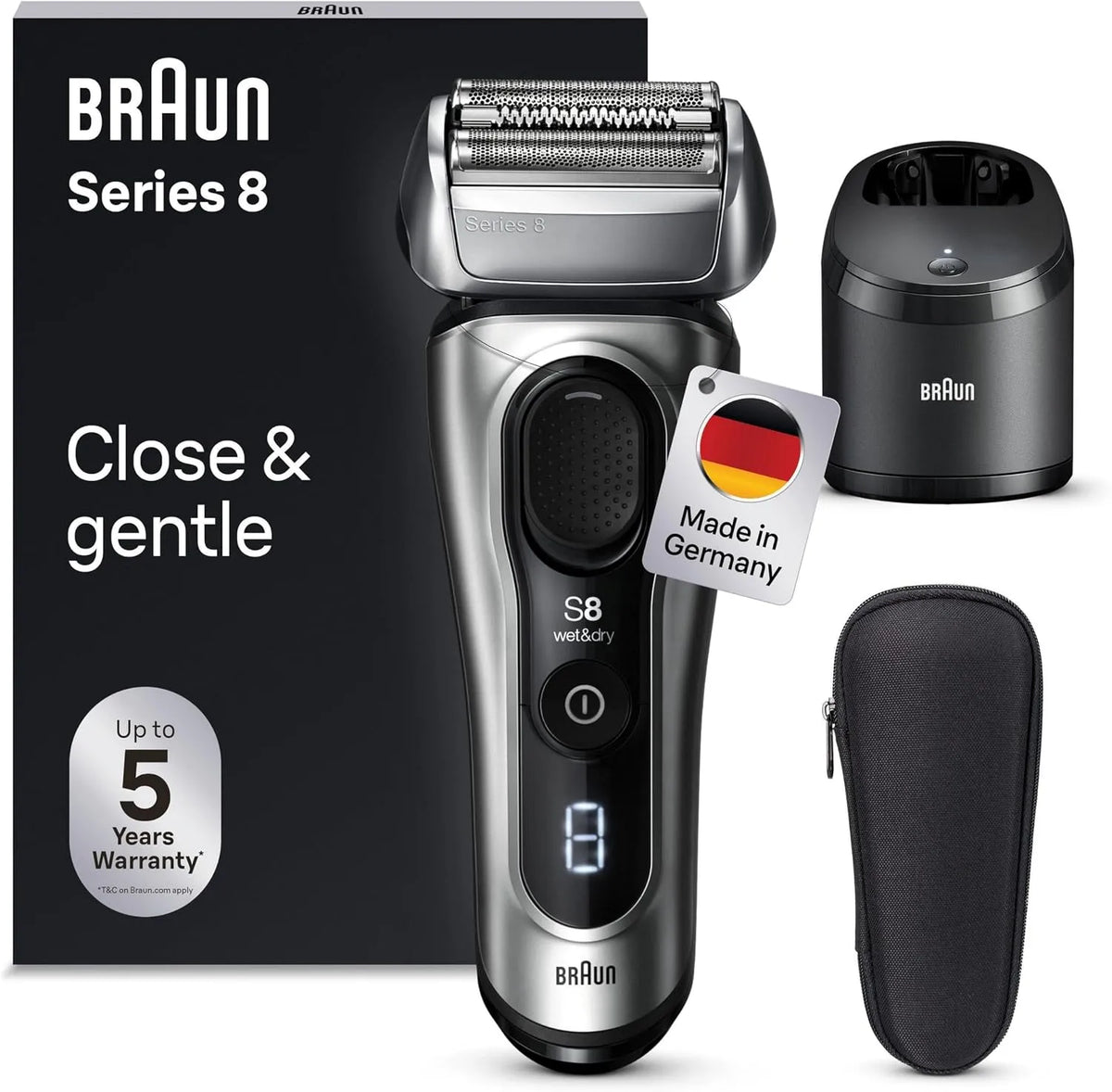 Braun Series 8 Rasierer Herren mit 4+1 Scherkopf, 60 Min Laufzeit, Elektrorasierer, Reinigungsstation, Made in Germany, 8567cc, Wet & Dry, silber
