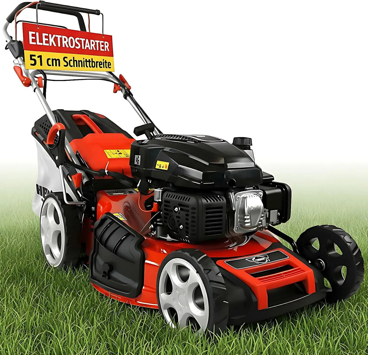 Rasenmäher, HECHT 5-IN-1 Benzin, Fassungsvermögen 65 l Fangkorb, Elektrostart, patentierte Räder, leistungsstarker 4 Takt Motor 4,0 kW, 5,5 PS