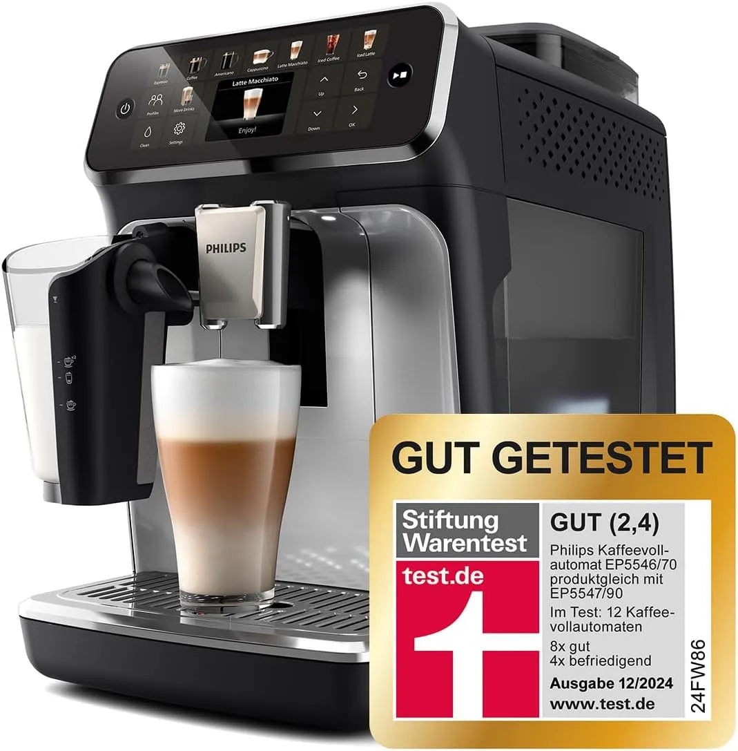Philips Kaffeevollautomat 5500 EP5546/70, 20 heiße und kalte Kaffeespezialitäten, LatteGo Milchsystem, in Schwarz und Silber, Serie, QuickStart