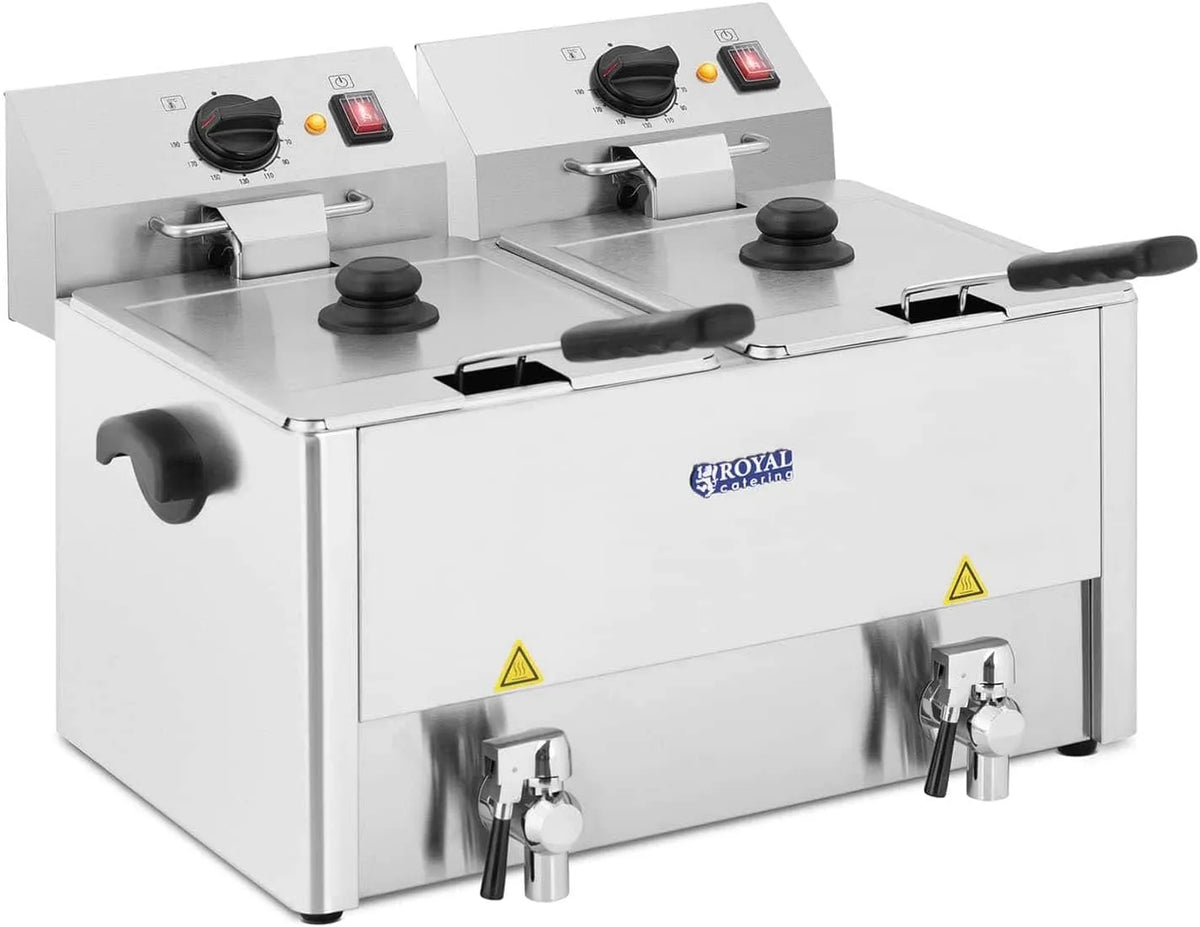 Fritteuse Edelstahl Doppel Fritteuse Royal Catering, Kapazität 2 x 13 L, Spannung 230 V, E.G.O. Thermostat, Ablasshahn