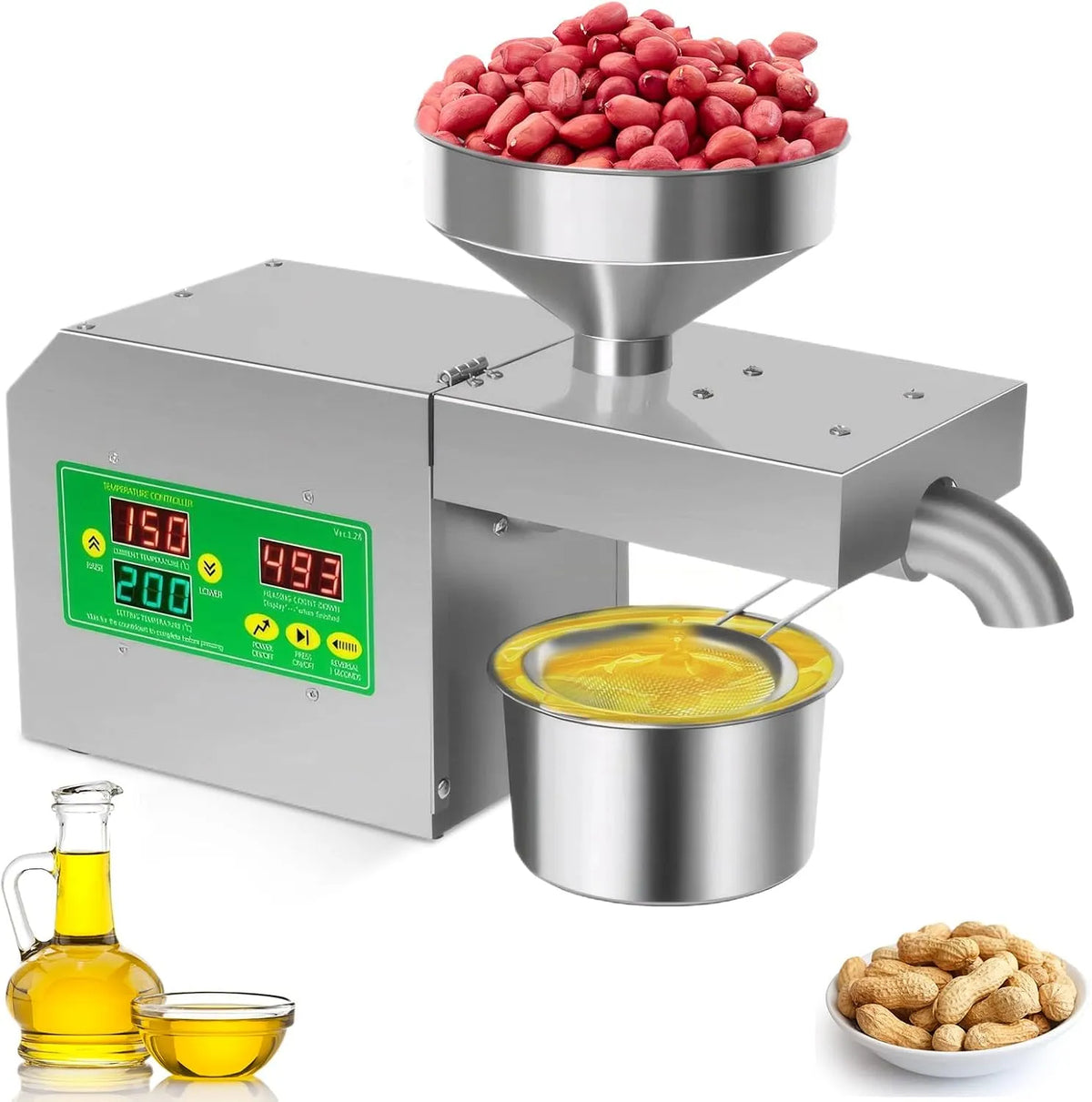 Automatische Ölpresse, einstellbare Temperatur von 40 bis 240 °C, Erdnüsse, Sonnenblumenkerne, Leistung 820 W Edelstahl-Ölpresse, Sesam