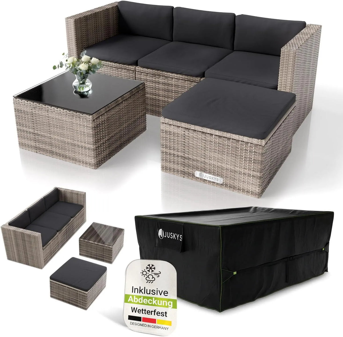 Sofa, Tisch & Kissen, Sitzgruppe für Garten, Gartenmöbel Set wetterfest, Sessel, Terrasse & Balkon, Farbe Grau-meliert