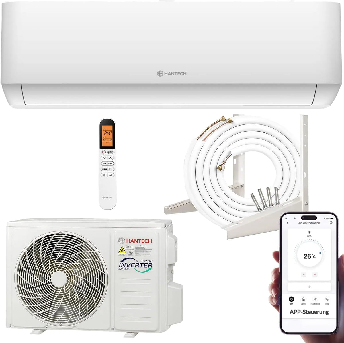 Klimaanlage Split, bis 45m², Luftfilter, Montagematerial weiß, 12000 BTU, HANTECH H-PRO Heiz-&Kühlfunktion, WIFI
