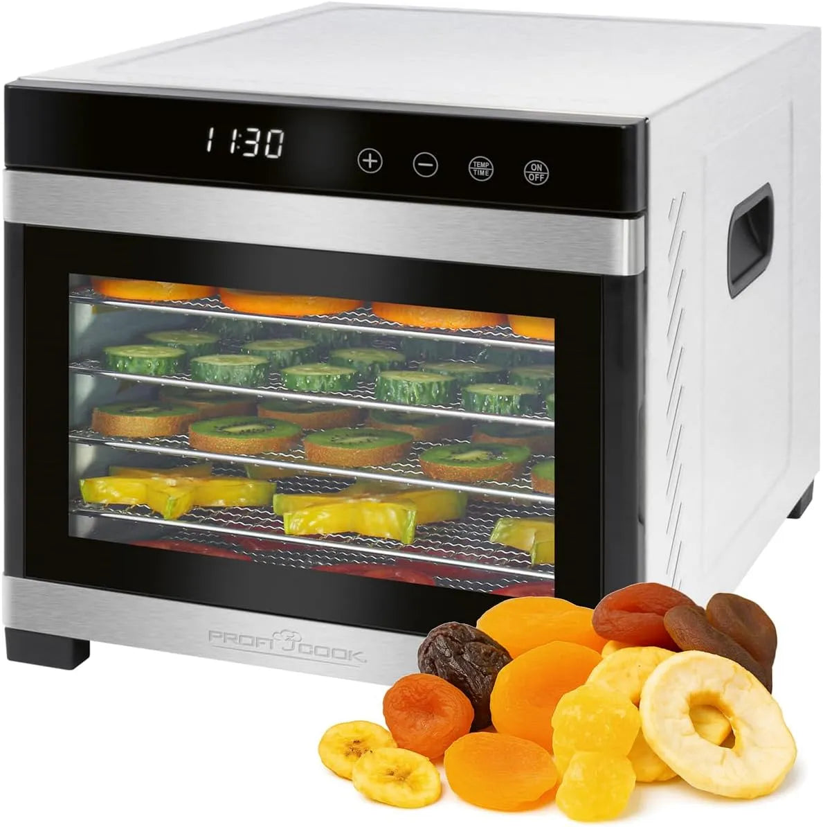 DR 1218 ProfiCook Dörrautomat, 6 stapelbare Ebenen, Dörrautomat Edelstahl, Dörrgerät, PC, für bis zu 3,5 kg zu trocknende Lebensmittel, 650 Watt