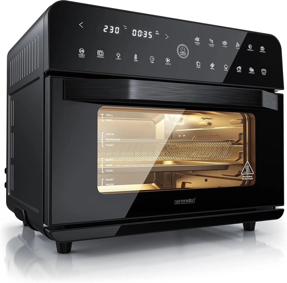 Heißluftfritteuse, mini Backofen Airfreyer XXL, Minibackofen 25l, Fassungsvermögen 25 Liter Edelstahl, 1800 Watt, Arendo, Multifunktionsofen, Ofenrost