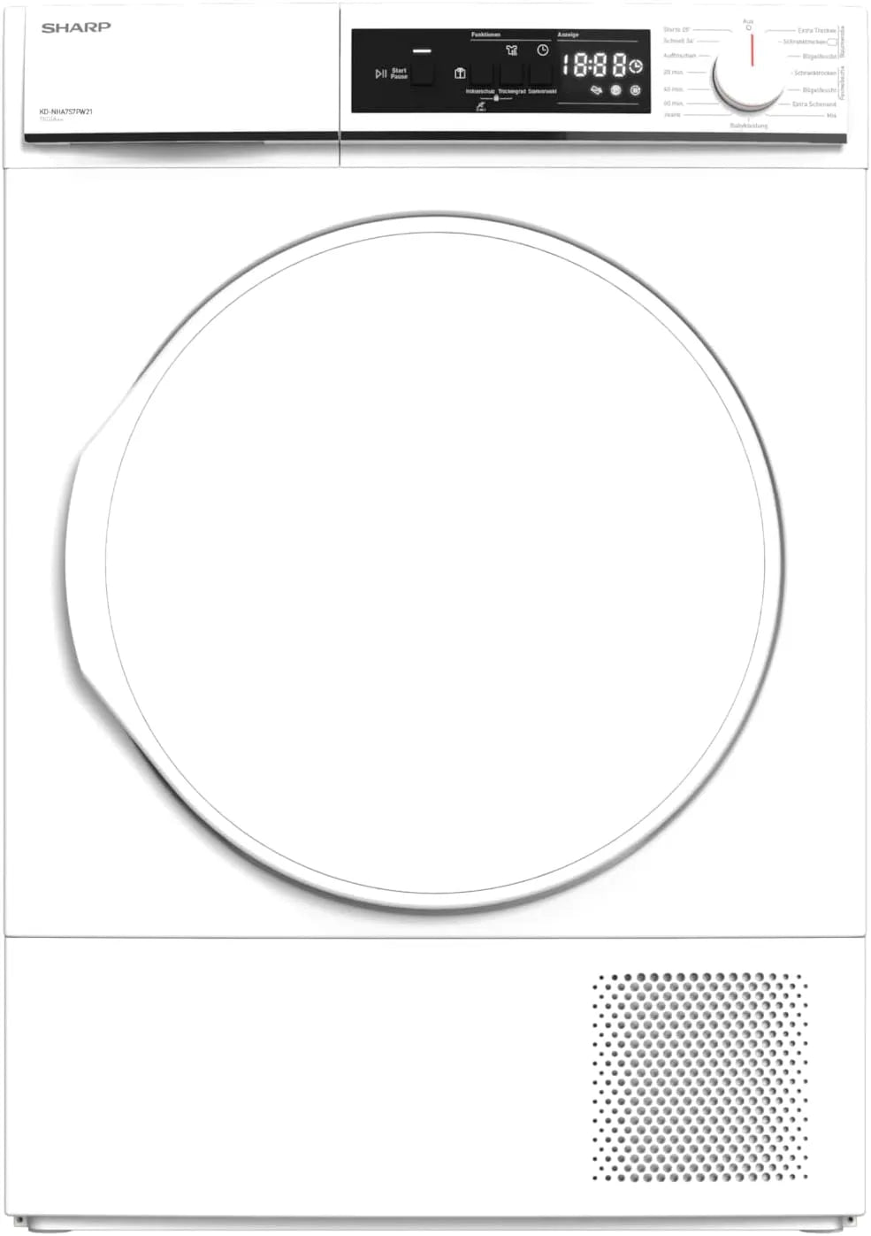 Sharp Wärmepumpentrockner KD-NHA7S7PW21-DE, 15 Betriebsprogramme, Frontbeladung, LED-Innenbeleuchtung, Weiß, Gewicht 7 kg, 30 Min. Kurzprogramm