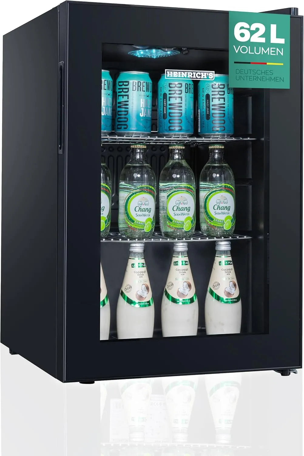 Kühlschrank bis18, Mini mit Glastür kompakt und leise: 40dB, geeignet für Büro Camping Garten,4 °C, Fassungsvermögen 62 Liter, 2 Ablagen