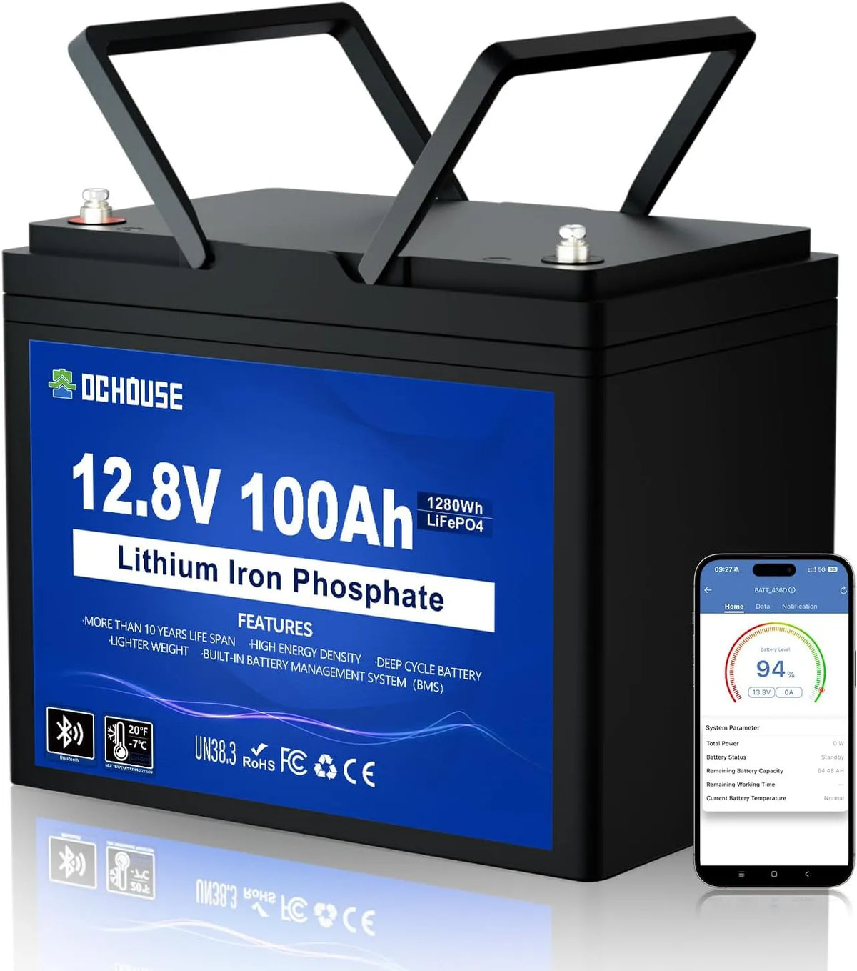 Modell 100Ah Lithium Batterie mit 100A BMS LiFePO4 15000 DCHOUSE Bluetooth, 1280Wh Lithium Akku, für Trolling Motor, Bis zu Zyklen, Wohnmobile, Boot