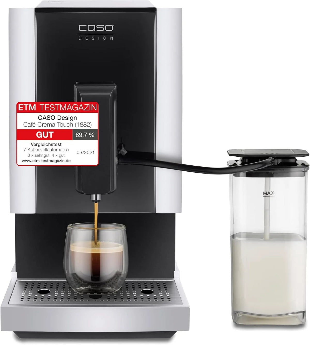 Caso Kaffeevollautomat, Café Crema Touch, Design, inklusive. Schlauch und Milchtank, Kegelmahlwerk stufenlos einstellbar, sofort startbereit