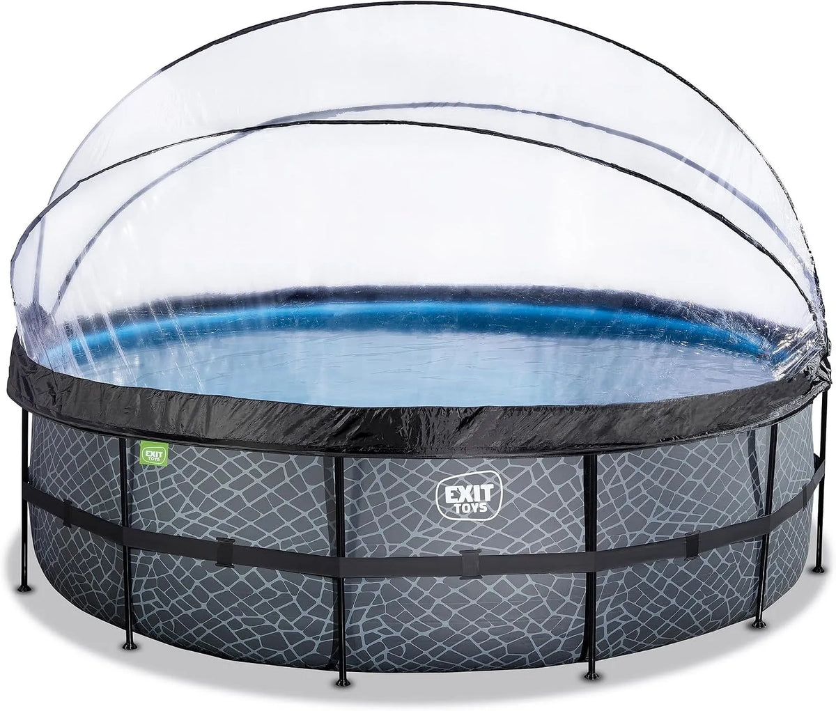 Pool EXIT Toys Stone, ø488x122cm, mit Multifunktionale Abdeckung, Großer, Runder Rahmenpool mit Sandfilterpumpe und Poolleiter, Extra tiefer