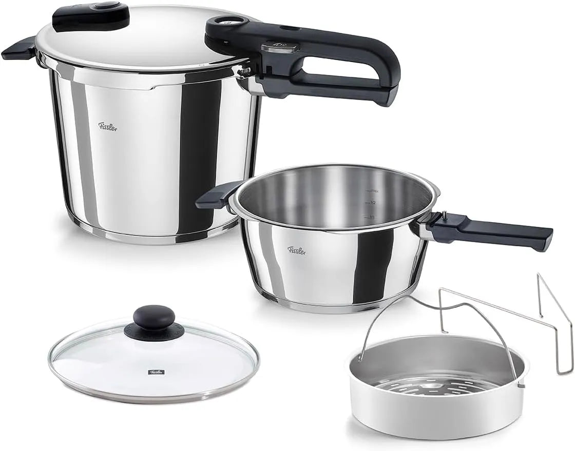 Edition Fissler Vitaquick, 2 Schnellkochtöpfe Ø 22 cm 3,5 L & 6 L, Schnellkochtopf-Set 6-teilg, inklusive. Metalldeckel, Glasdeckel, Einsatz
